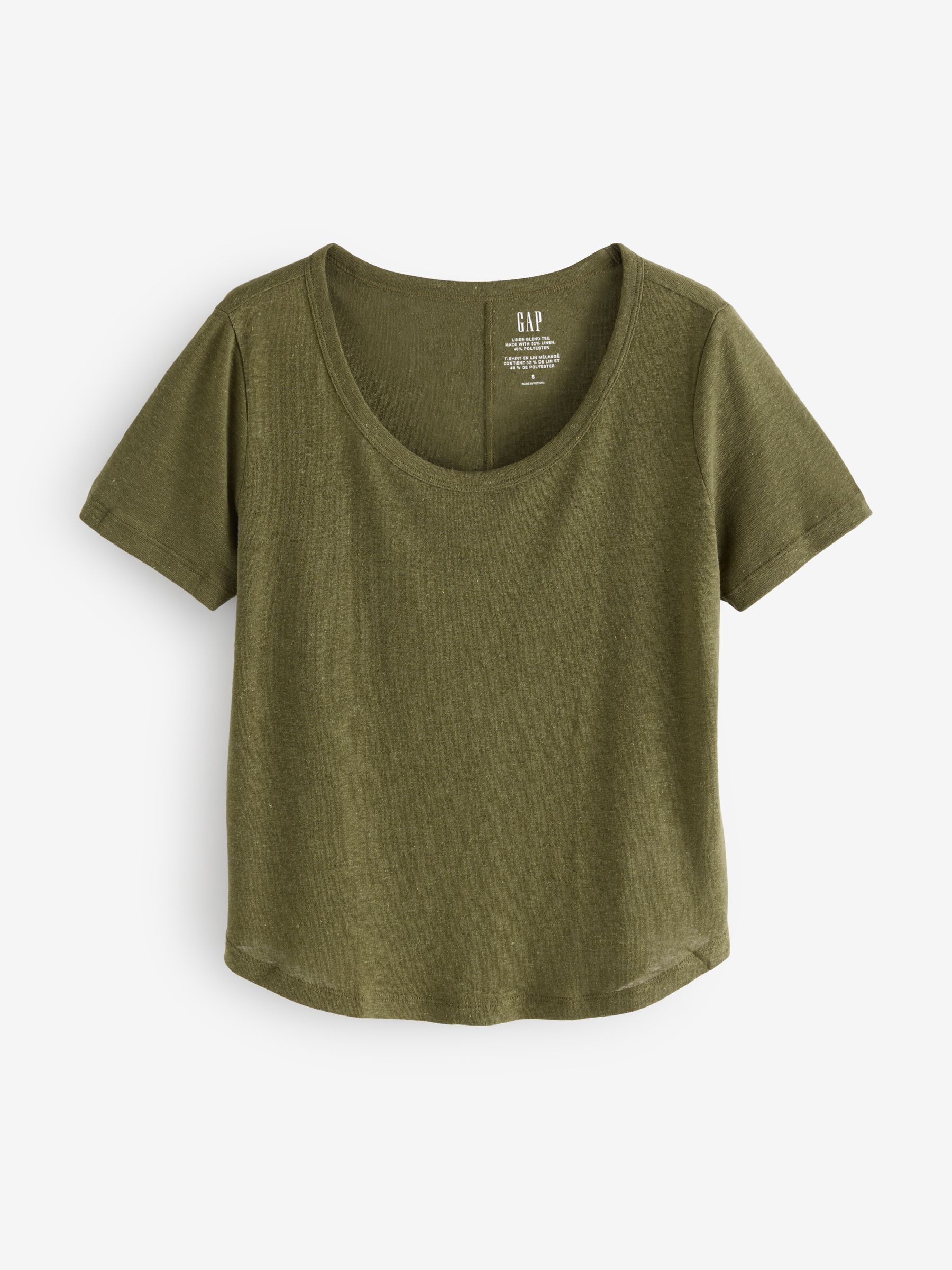 Khaki Green Linen Blend Short Sleeve Scoop Neck T-Shirt - Image 1 of 4