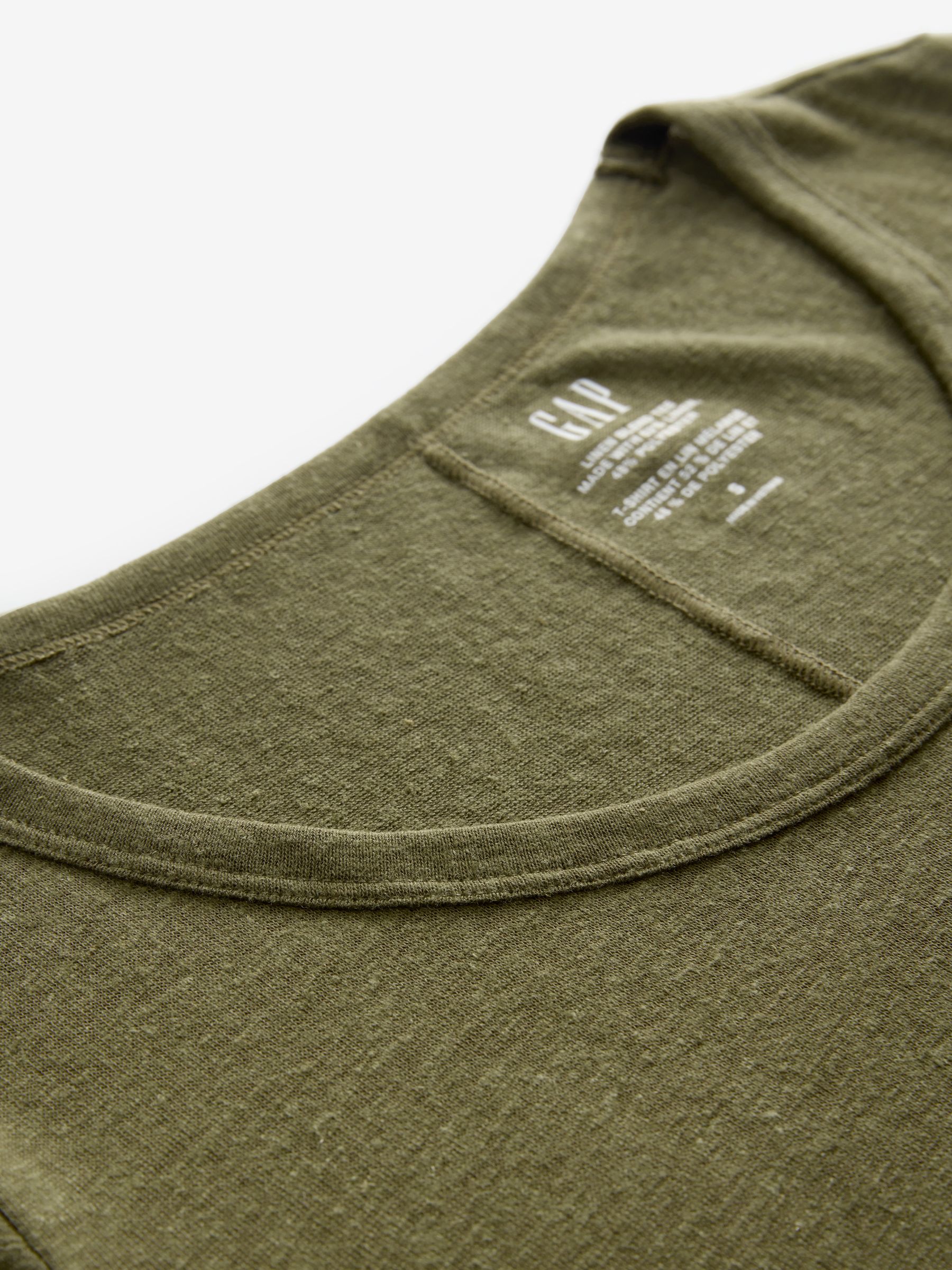 Khaki Green Linen Blend Short Sleeve Scoop Neck T-Shirt - Image 3 of 4