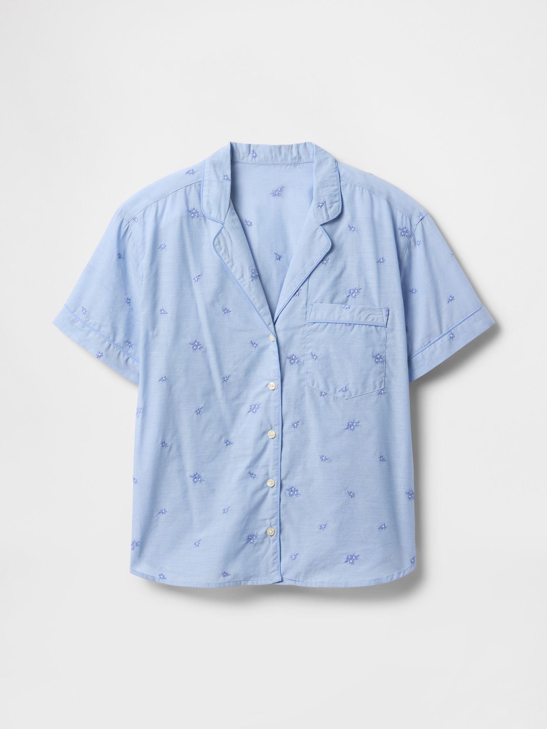 Blue Floral Cotton Embroidered Pyjama Shirt - Image 1 of 3