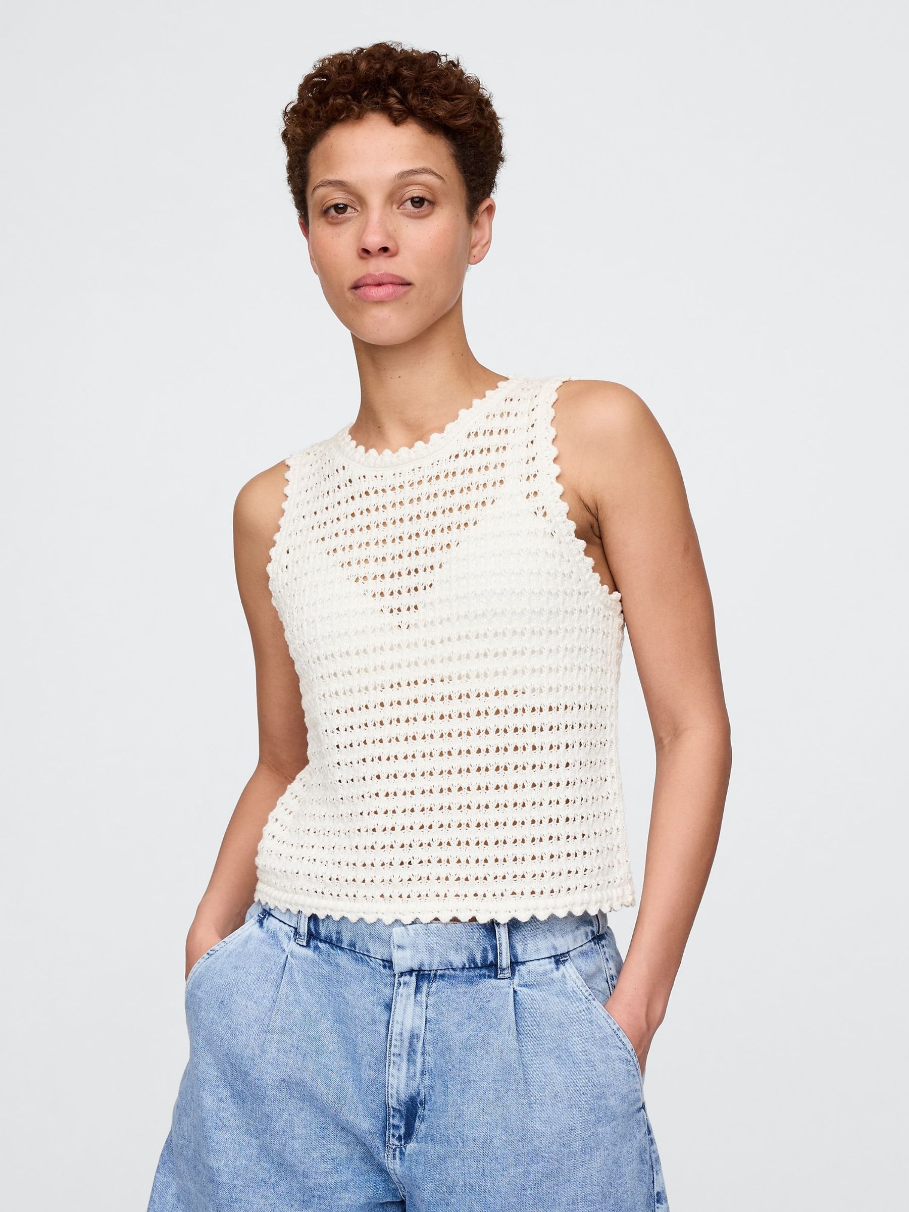 White 100% Cotton Crochet Vest - Image 1 of 5