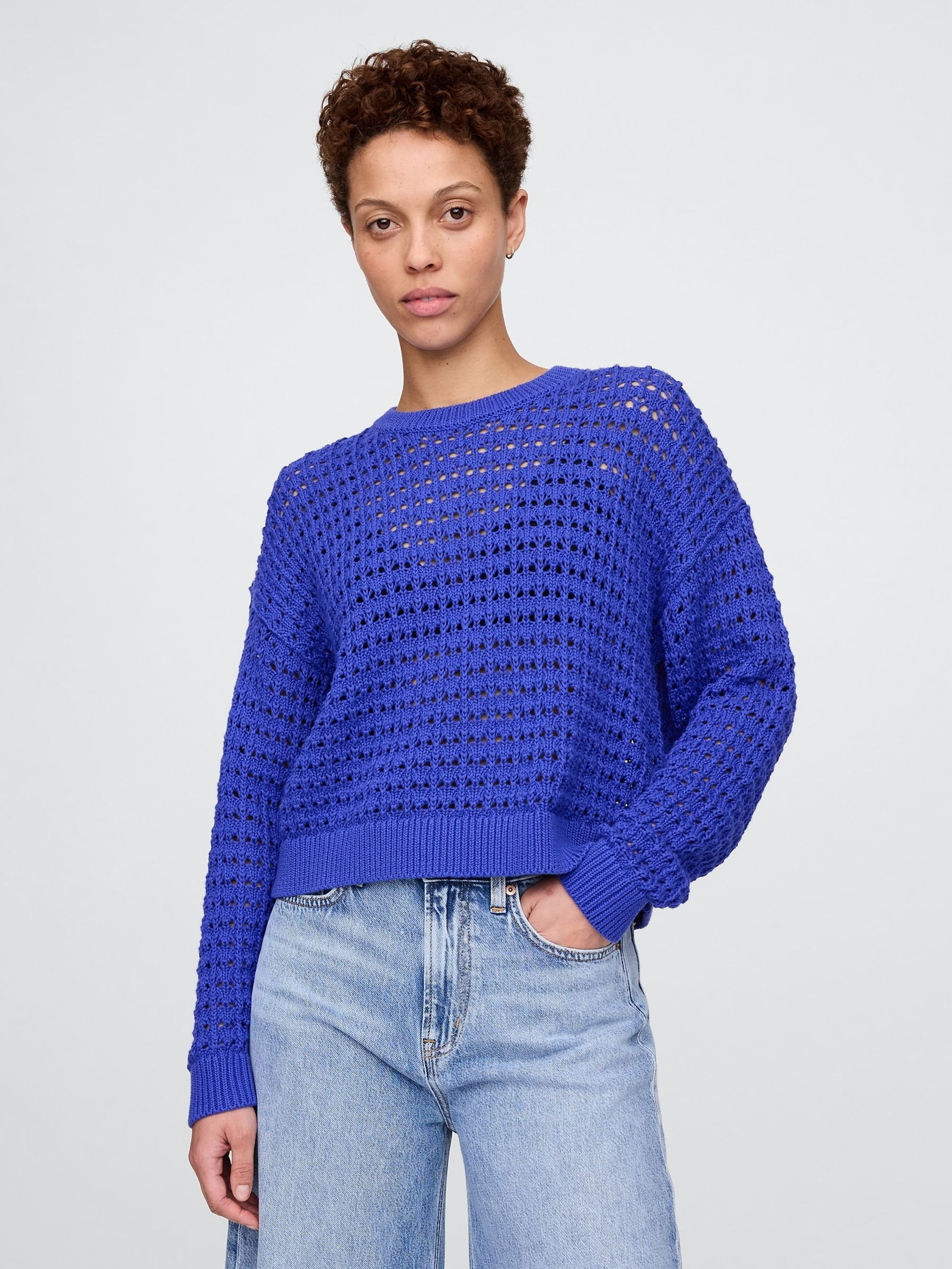 Blue 100% Cotton Oversized Crochet Crew Neck Jumper - Image 1 of 5