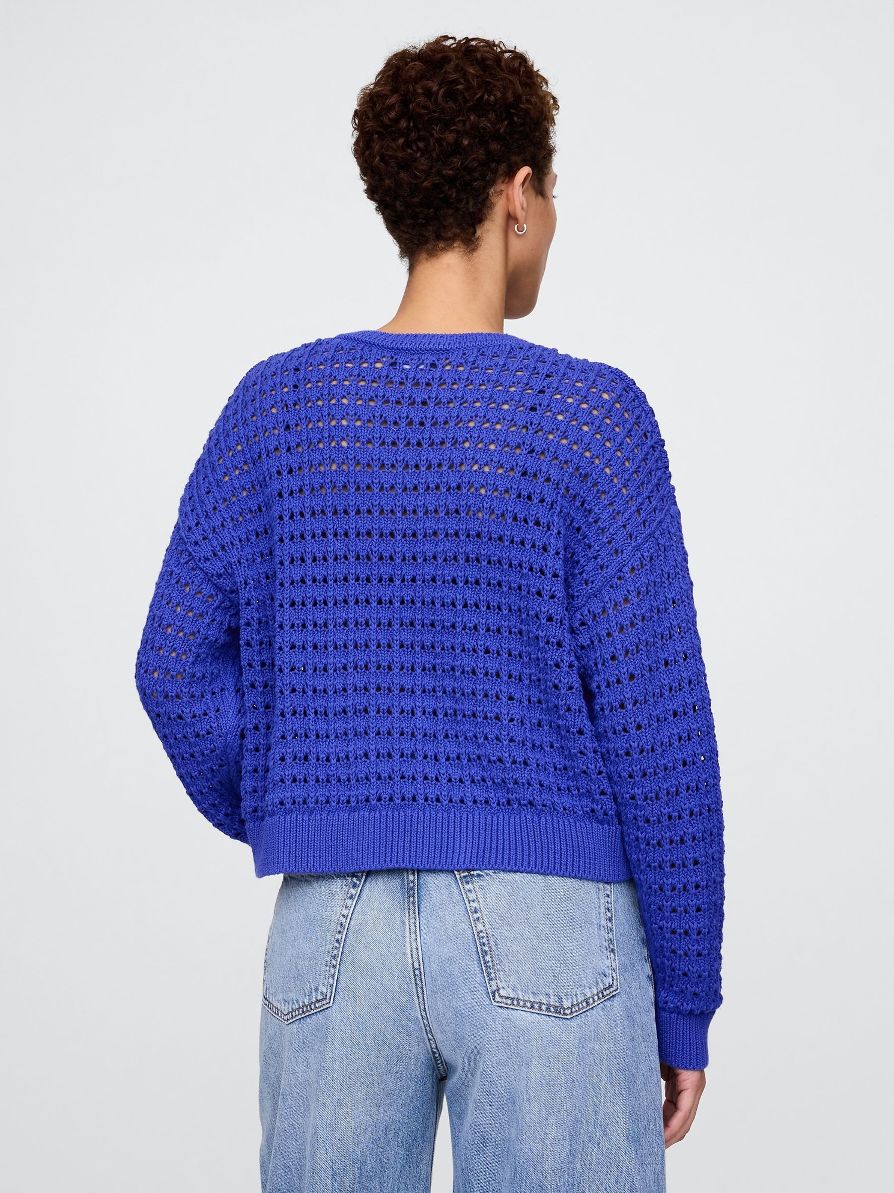 Blue 100% Cotton Oversized Crochet Crew Neck Jumper - Image 2 of 5
