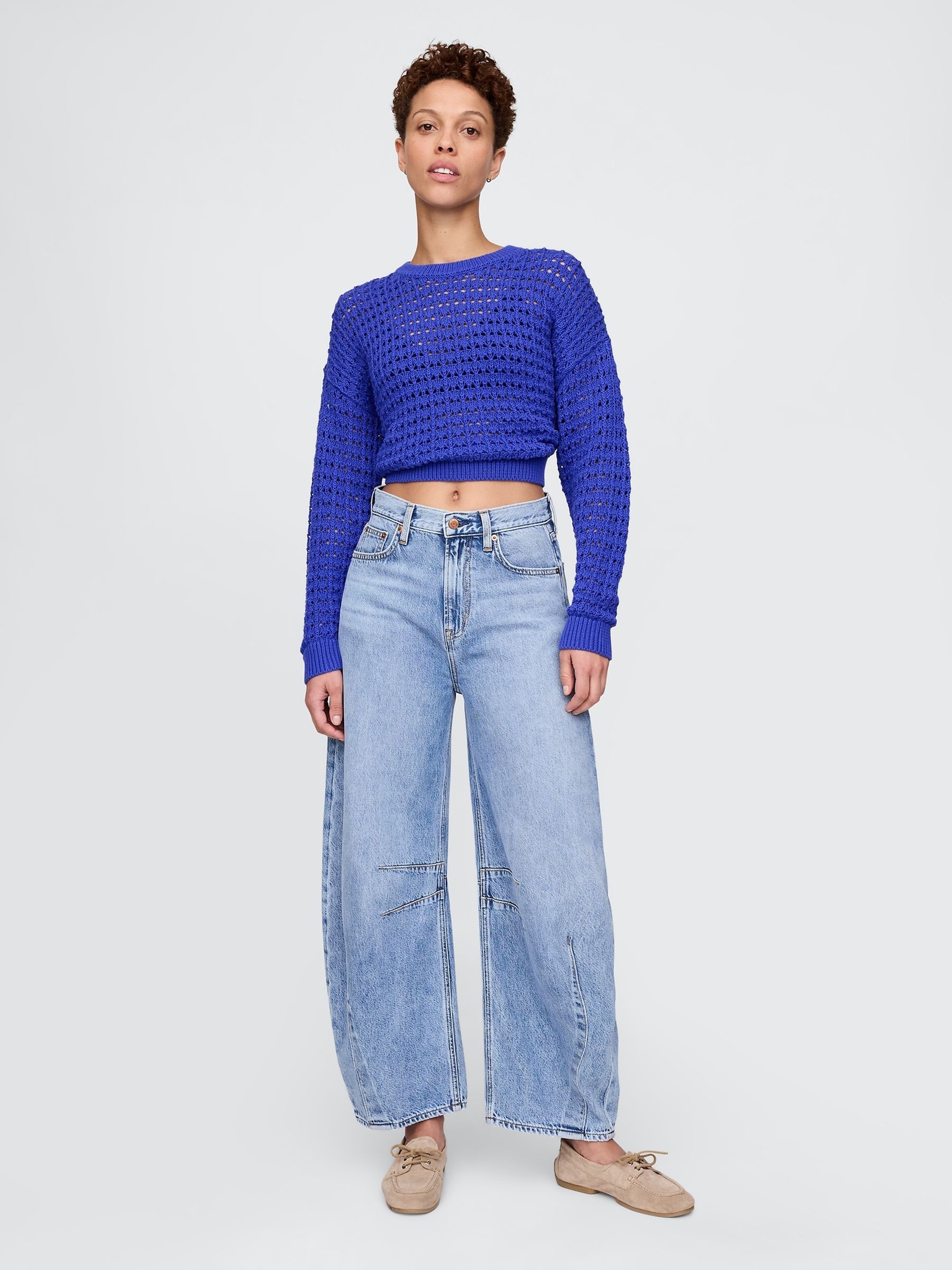 Blue 100% Cotton Oversized Crochet Crew Neck Jumper - Image 3 of 5