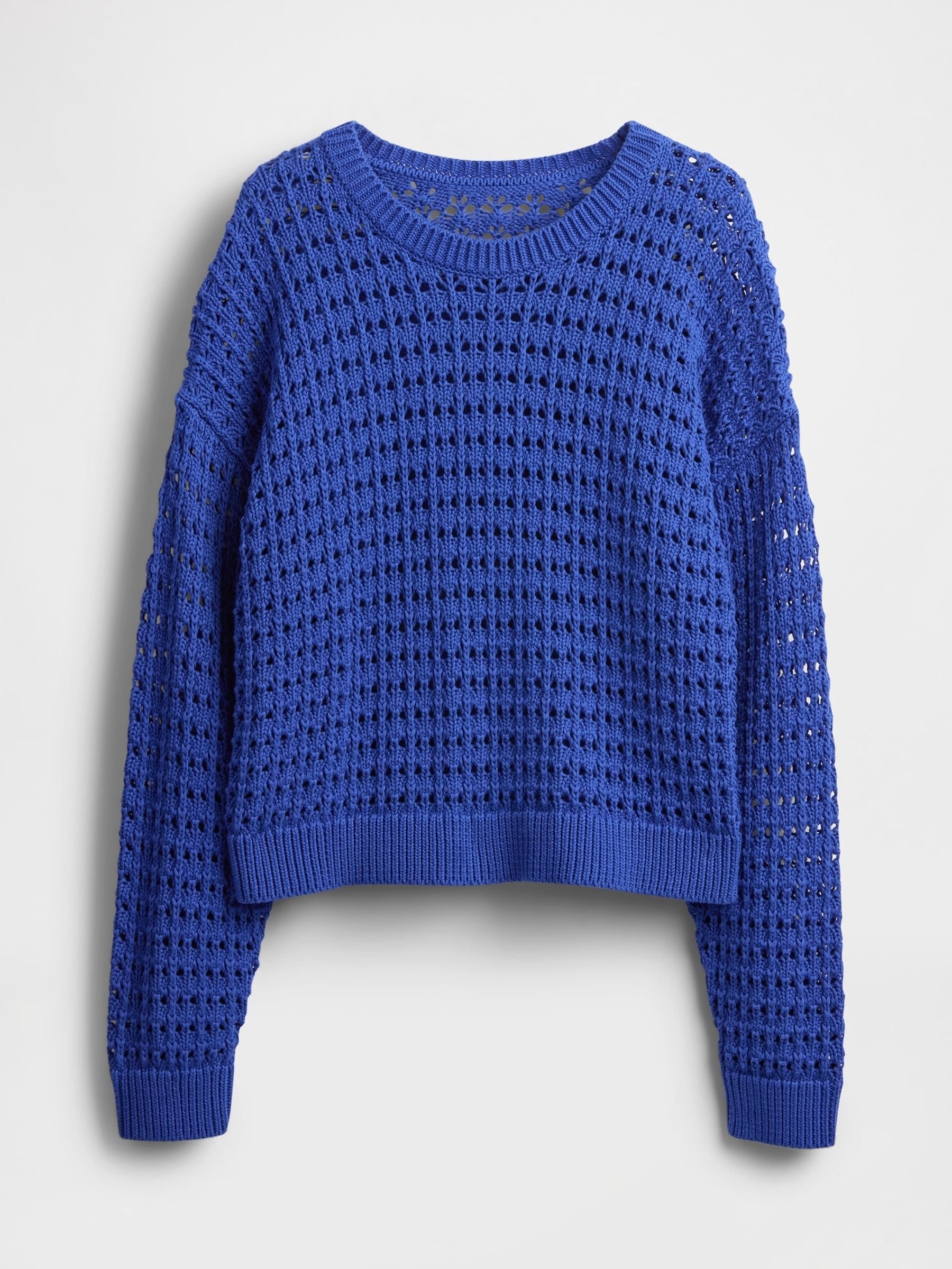 Blue 100% Cotton Oversized Crochet Crew Neck Jumper - Image 4 of 5