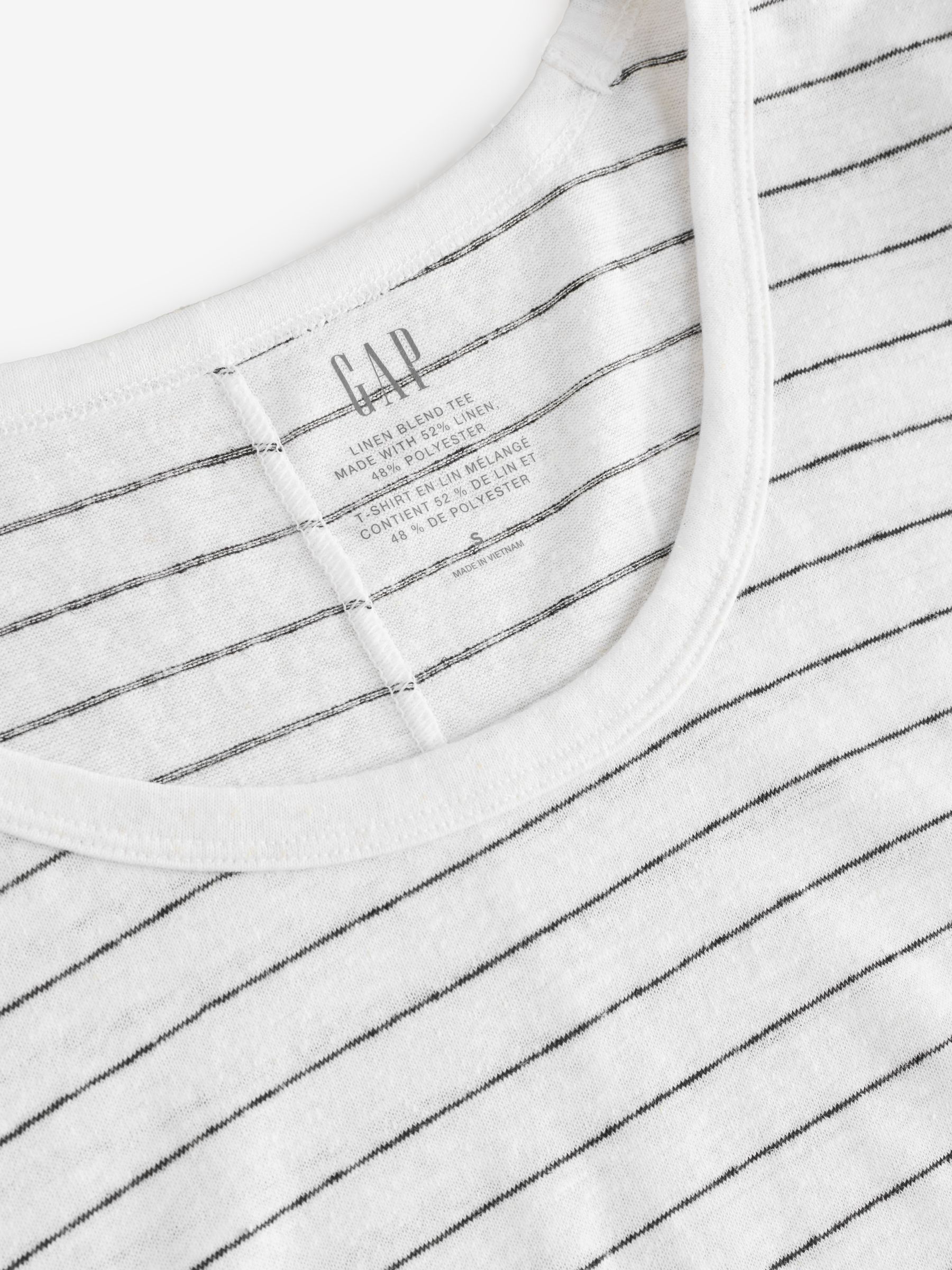 White/Black Stripe Linen Blend Short Sleeve Scoop Neck T-Shirt - Image 3 of 4