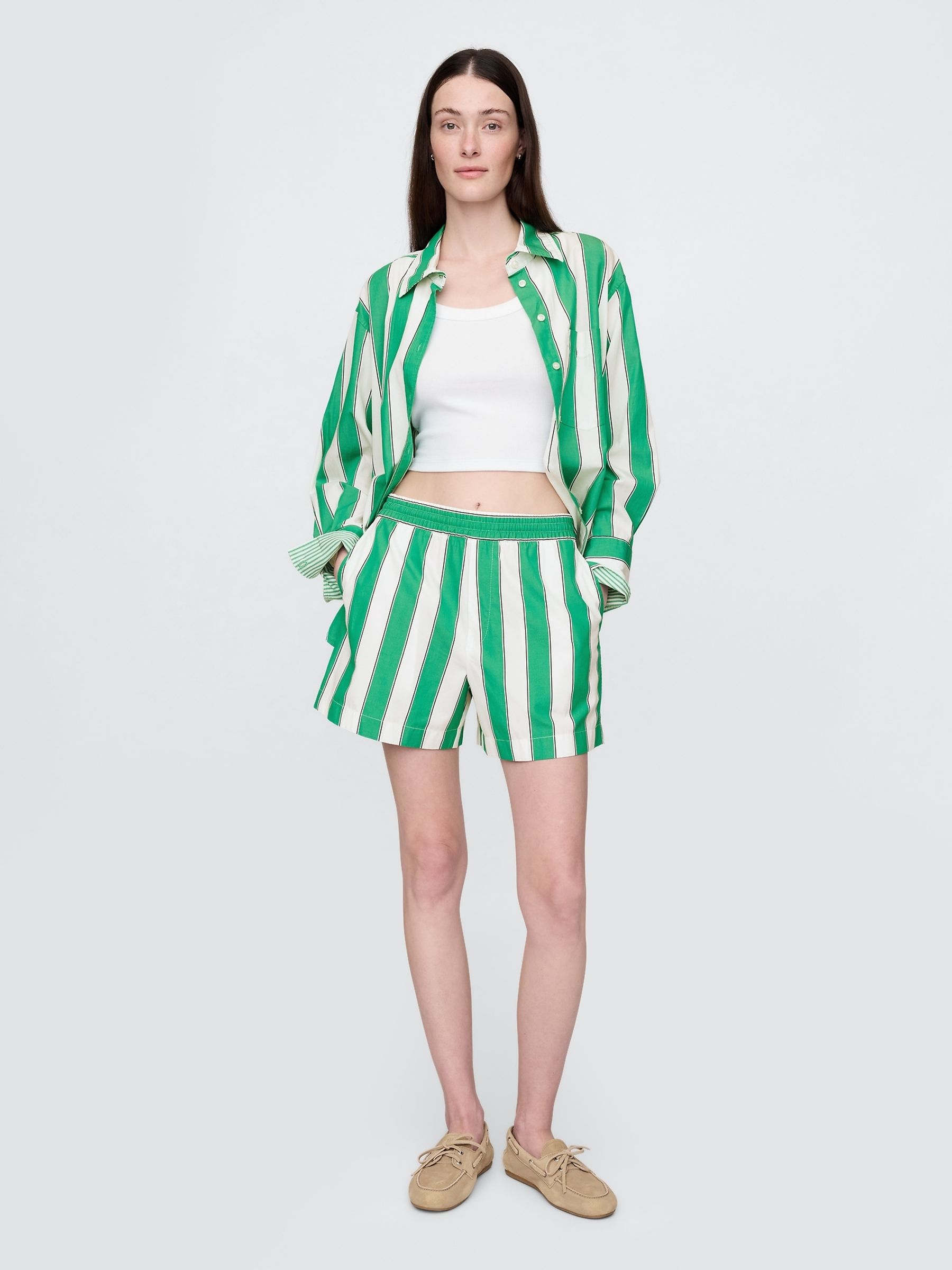 Green Cotton Poplin Striped Shorts - Image 4 of 9