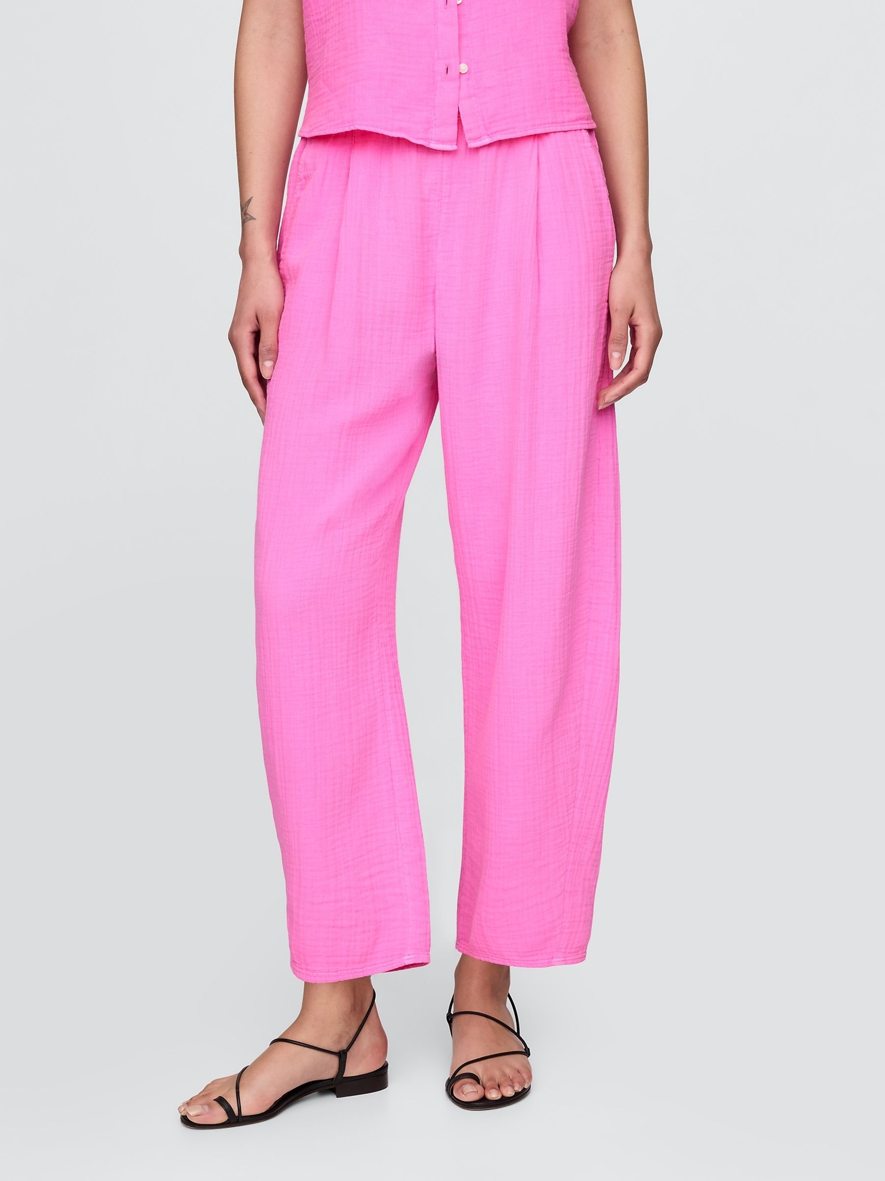 Pink 100% Cotton Crinkle Gauze Easy Barrel Trousers - Image 2 of 8