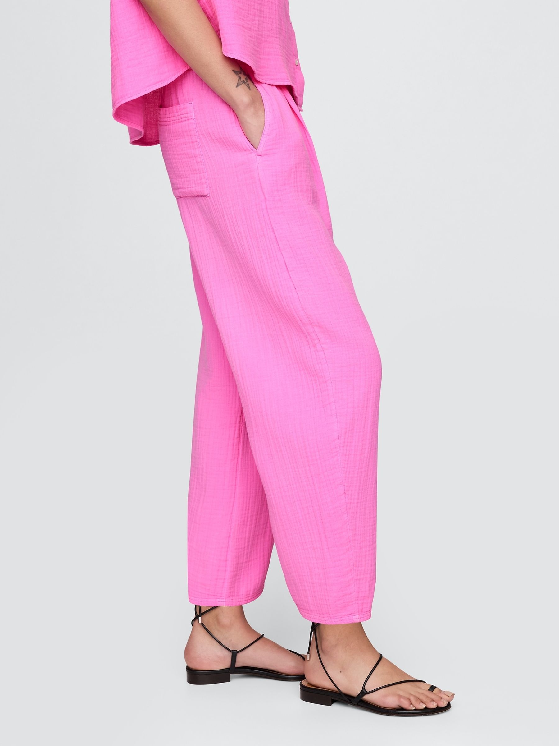 Pink 100% Cotton Crinkle Gauze Easy Barrel Trousers - Image 4 of 8