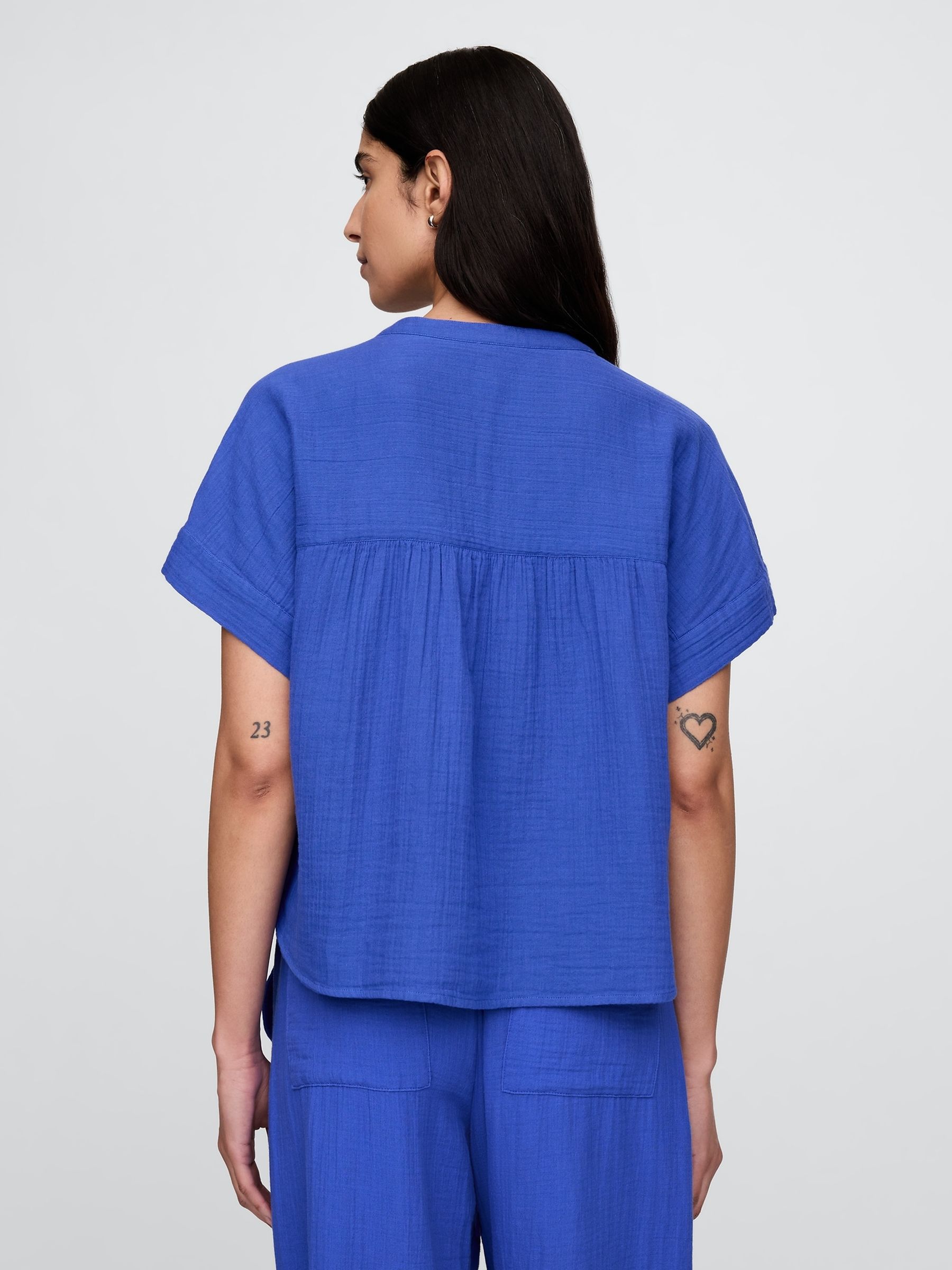 Blue 100% Cotton Crinkle Gauze Dolman Short Sleeve Shirt - Image 2 of 5