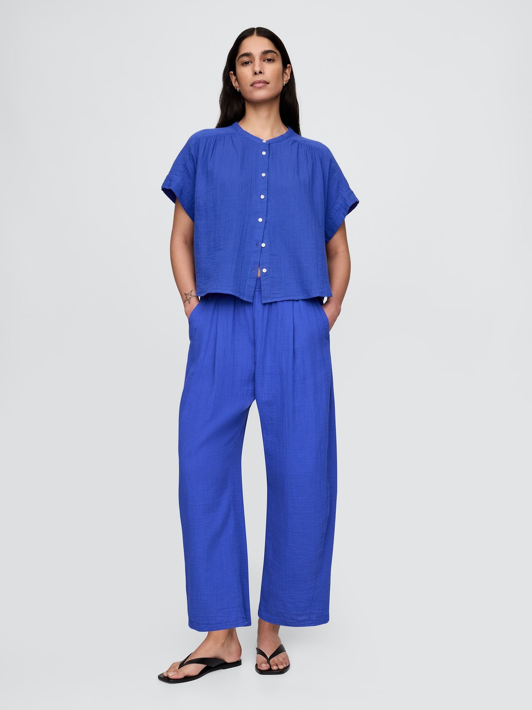 Blue 100% Cotton Crinkle Gauze Dolman Short Sleeve Shirt - Image 3 of 5