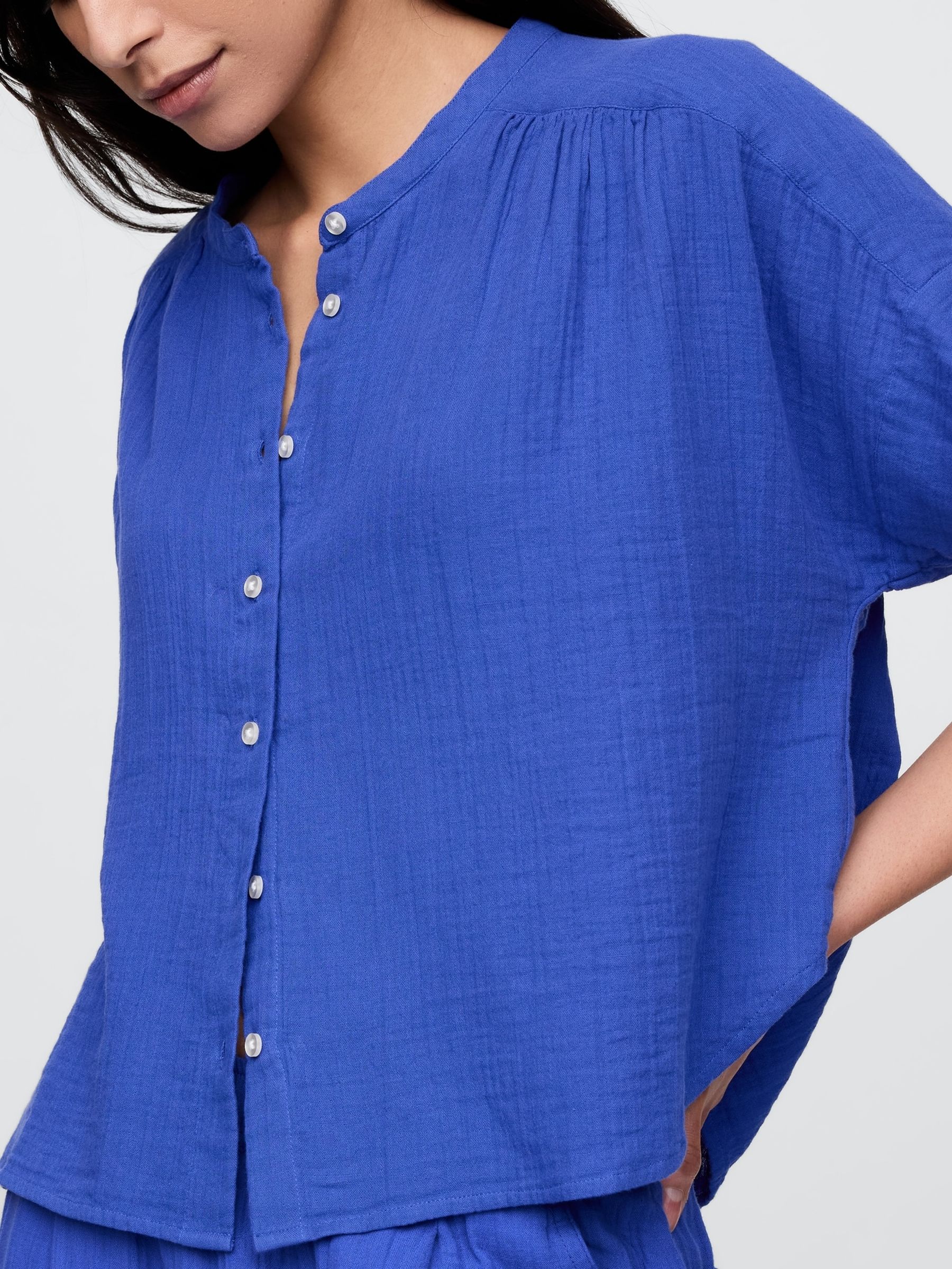 Blue 100% Cotton Crinkle Gauze Dolman Short Sleeve Shirt - Image 4 of 5