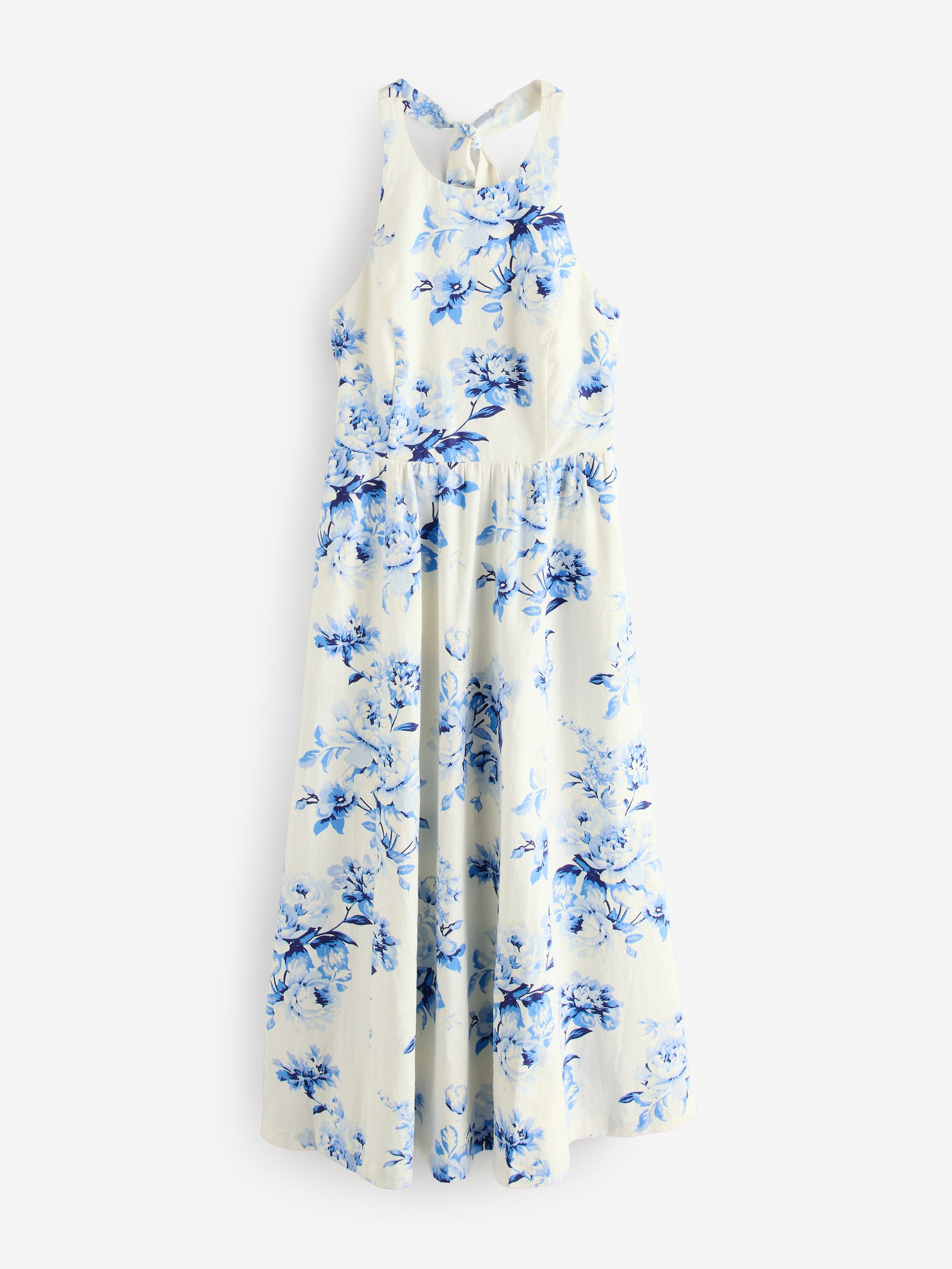 White/Blue Floral Sleeveless Halter Neck Maxi Dress - Image 1 of 5