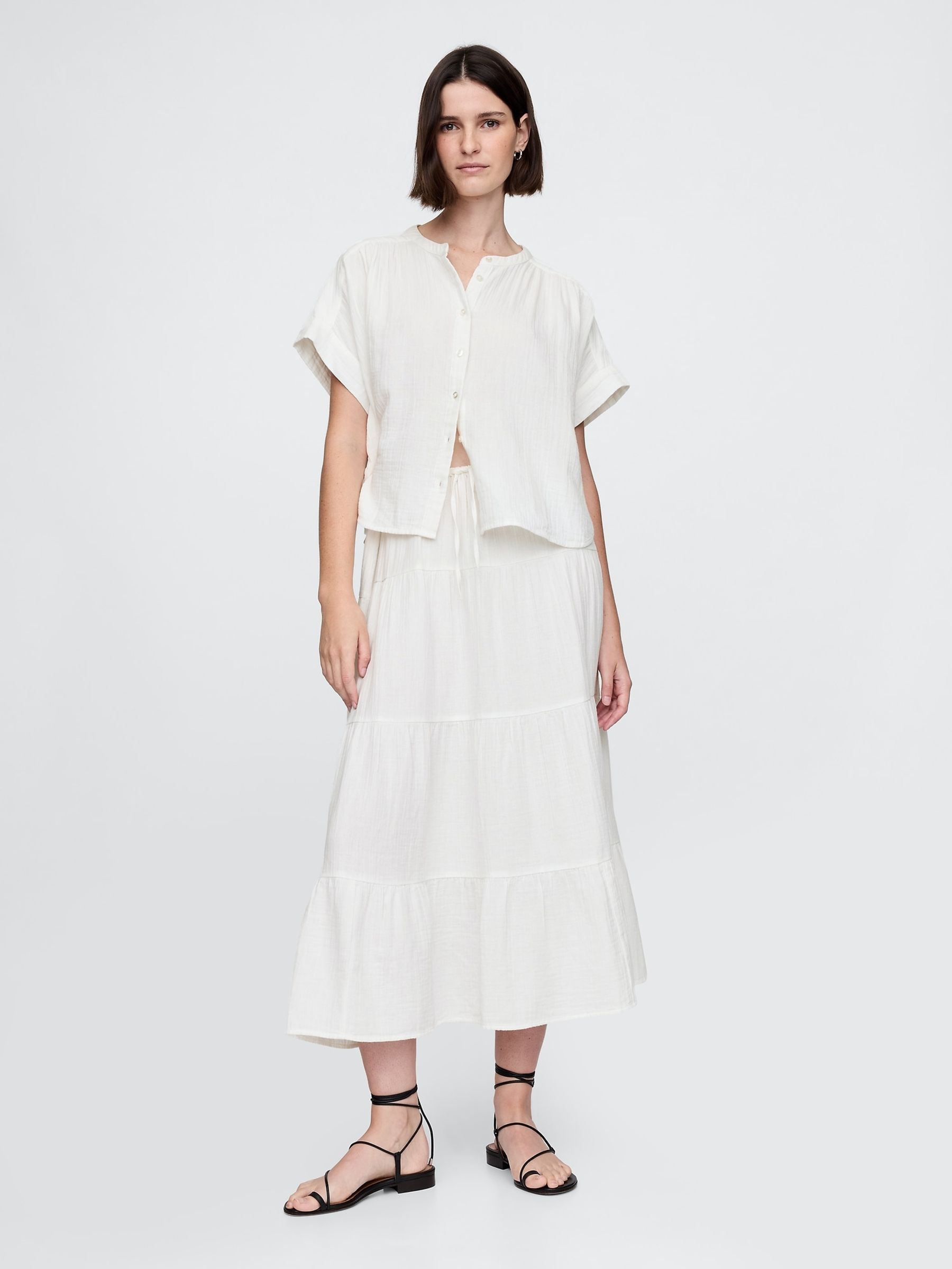 White Crinkle Gauze Dolman Short Sleeve Shirt - Image 3 of 5