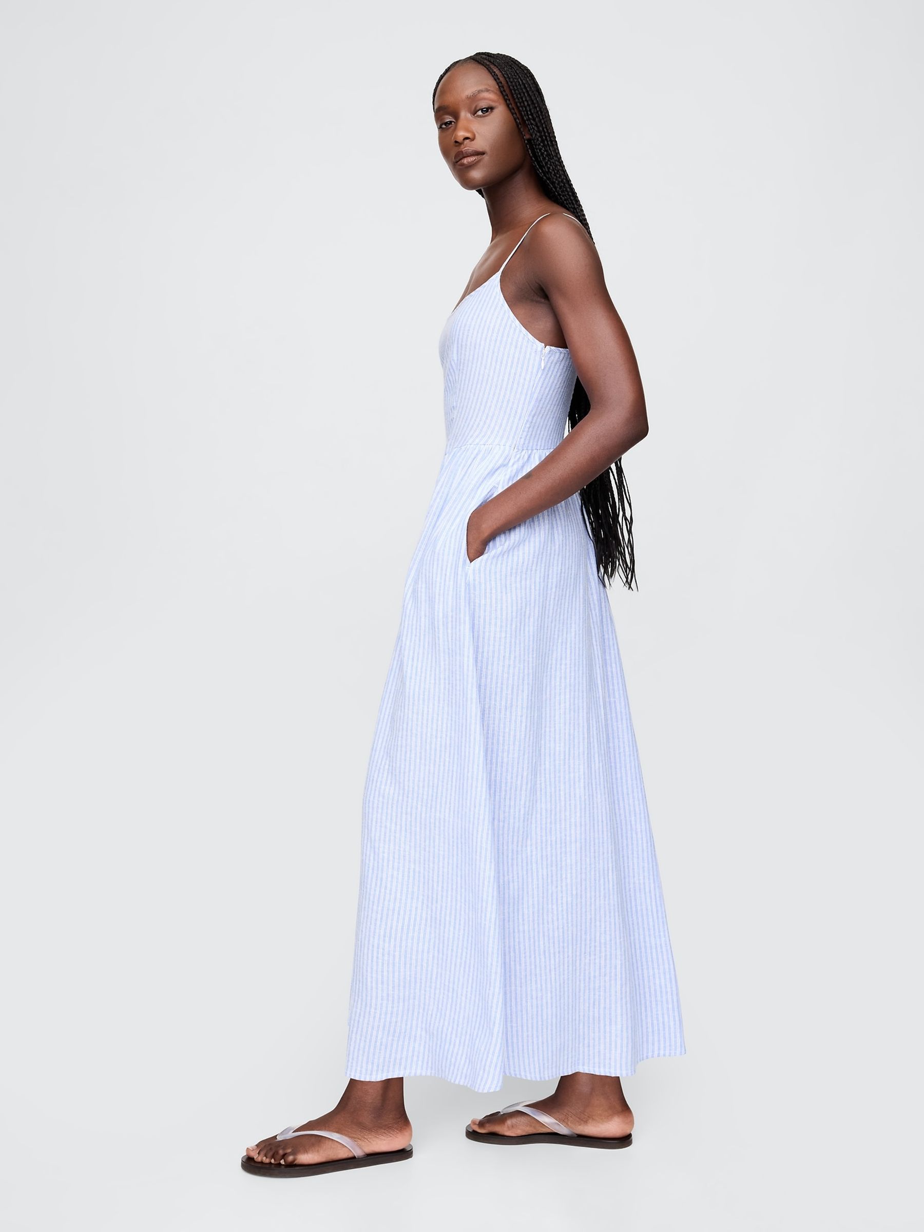 Blue Pinstripe Linen-Blend Drop-Waist Maxi Summer Dress - Image 2 of 5