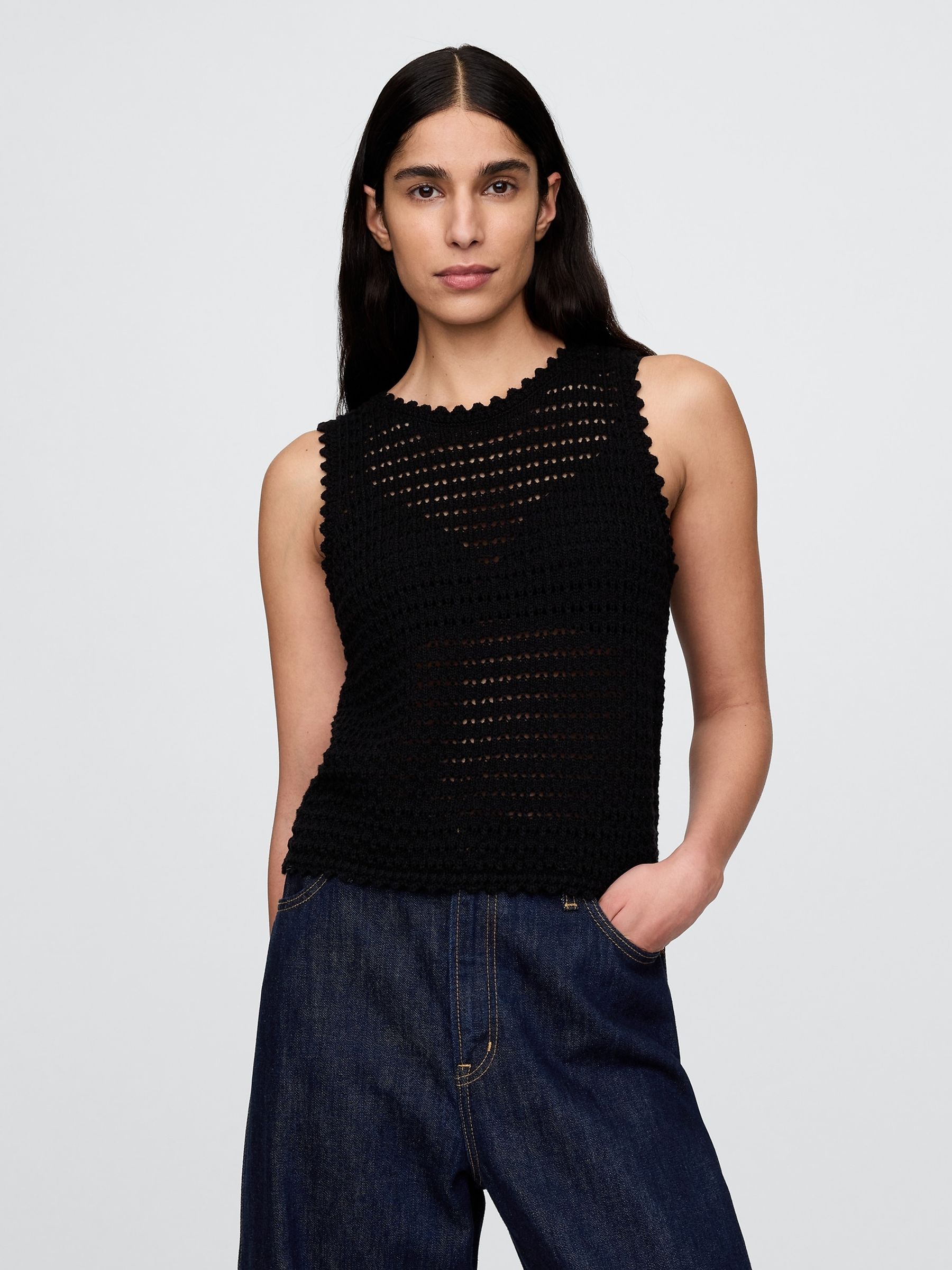 Black 100% Cotton Crochet Vest - Image 1 of 5