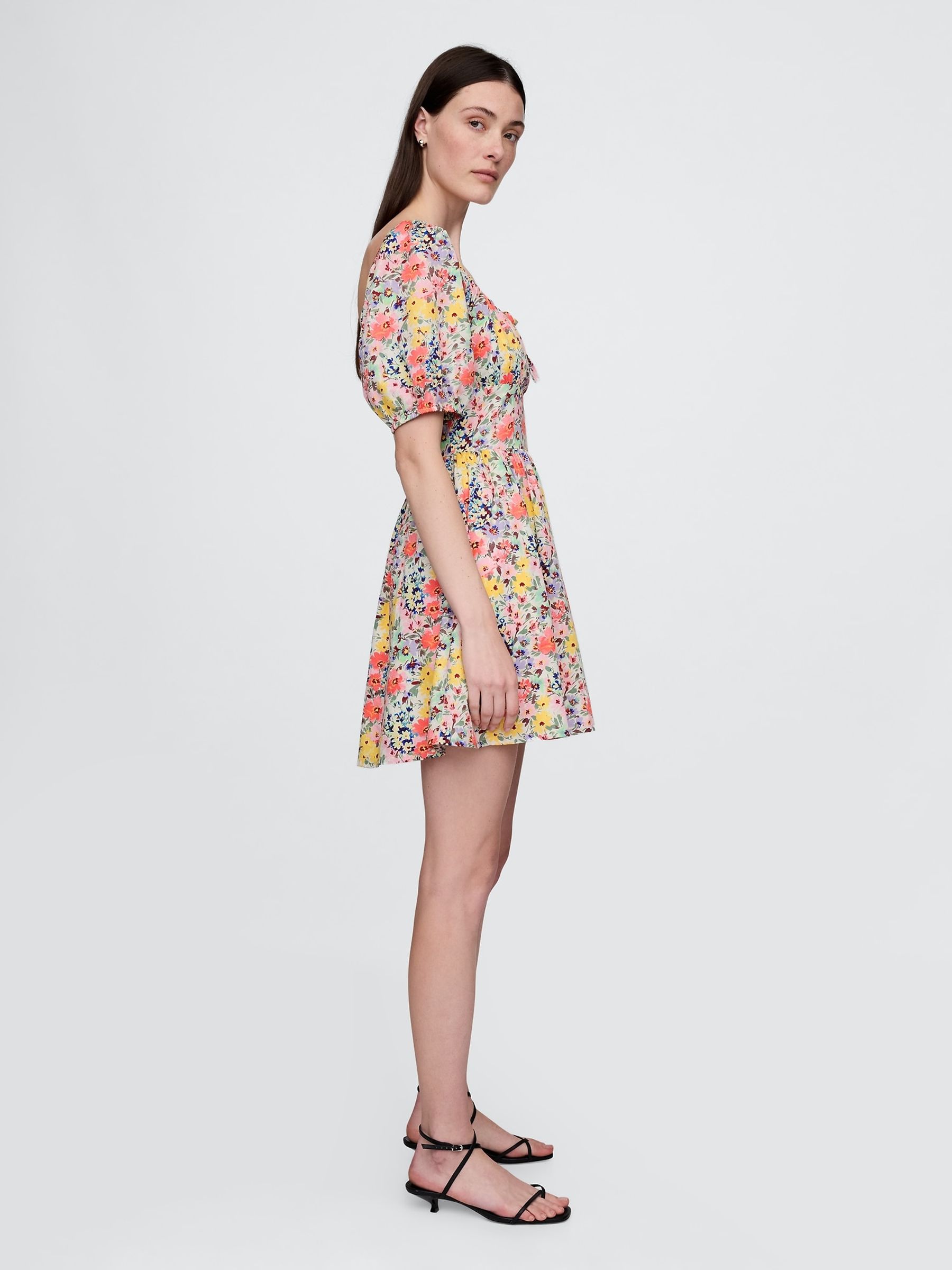 Black Multi Floral Puff-Sleeve Mini Dress - Image 3 of 5