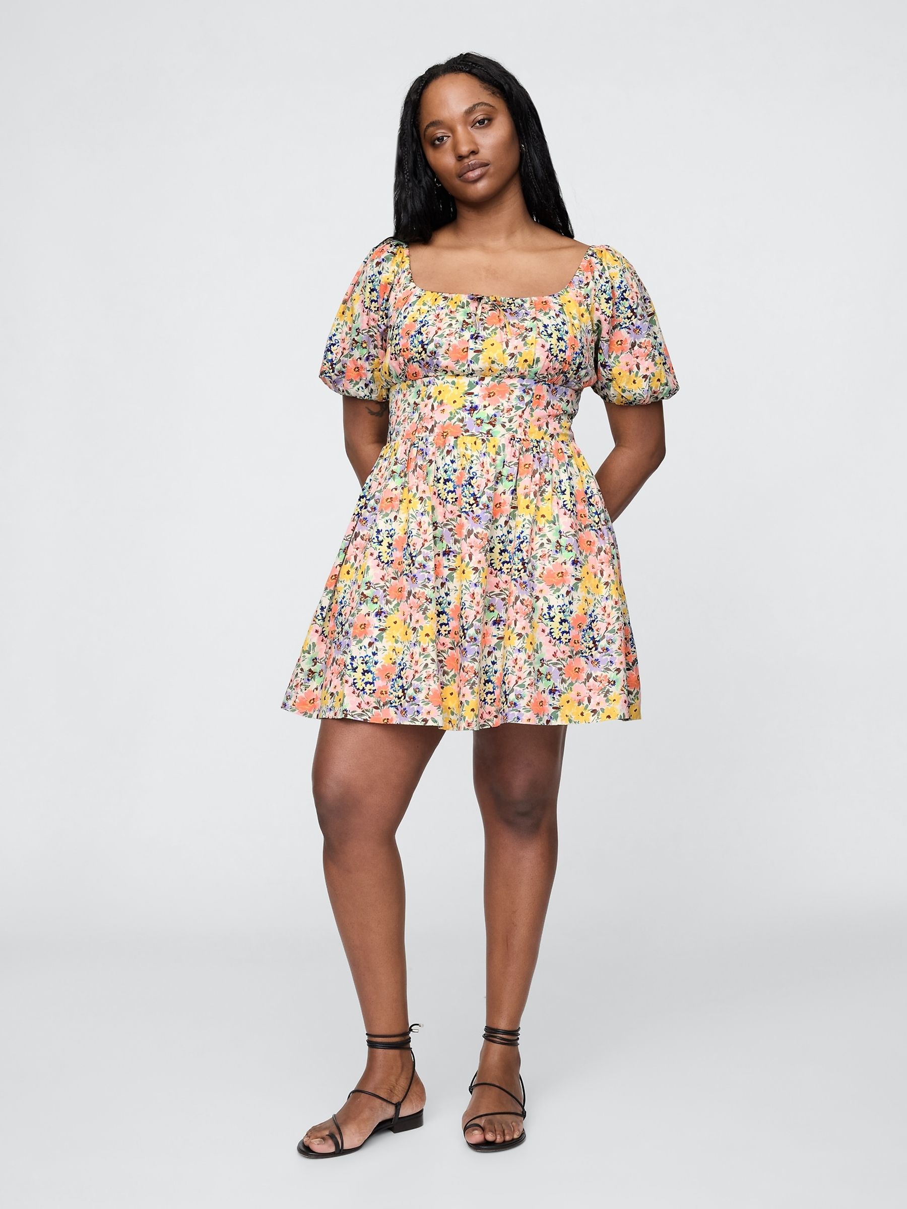 Black Multi Floral Puff-Sleeve Mini Dress - Image 4 of 5