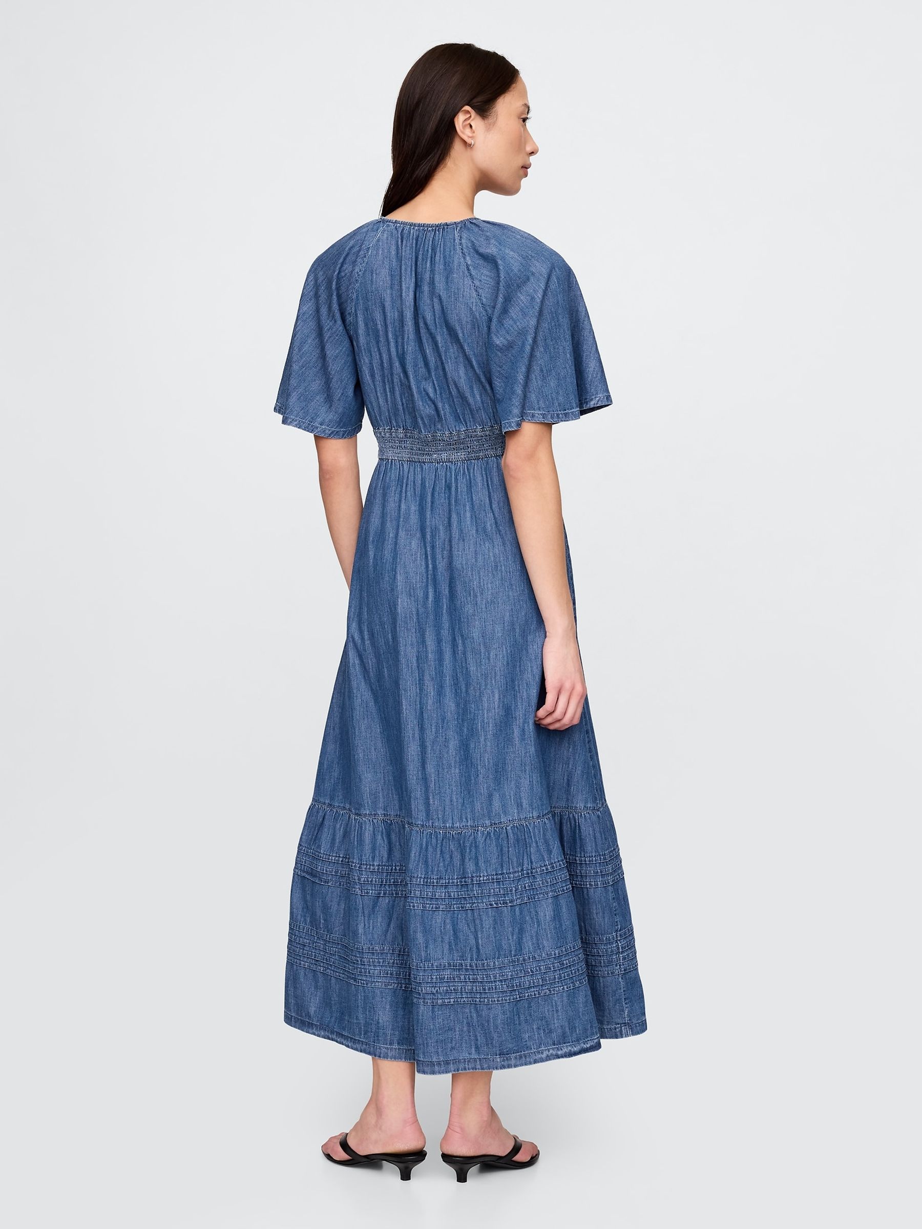 Blue Cotton Flutter-Sleeve Tiered Denim Maxi Summer Dress - Image 2 of 5