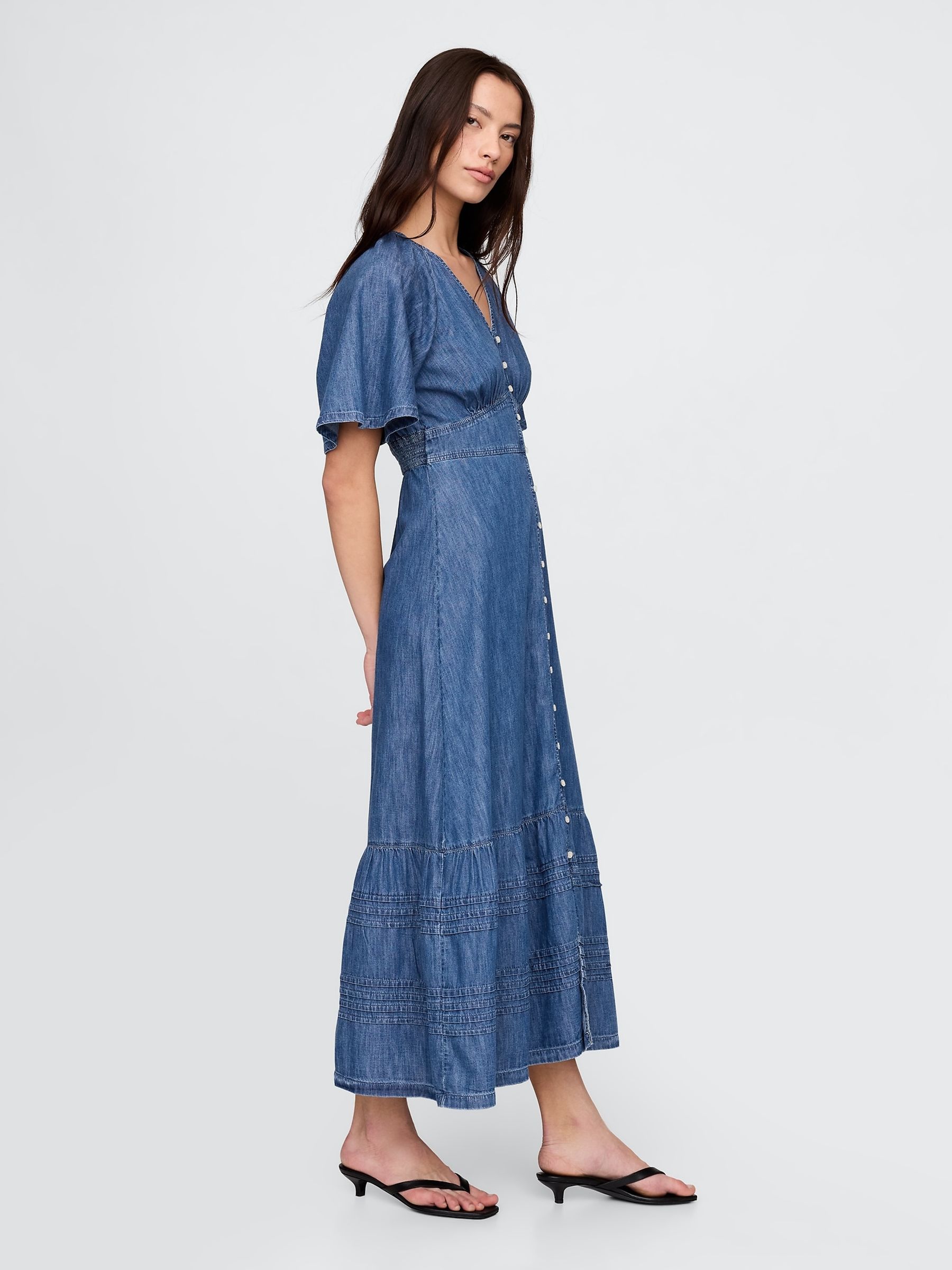 Blue Cotton Flutter-Sleeve Tiered Denim Maxi Summer Dress - Image 3 of 5