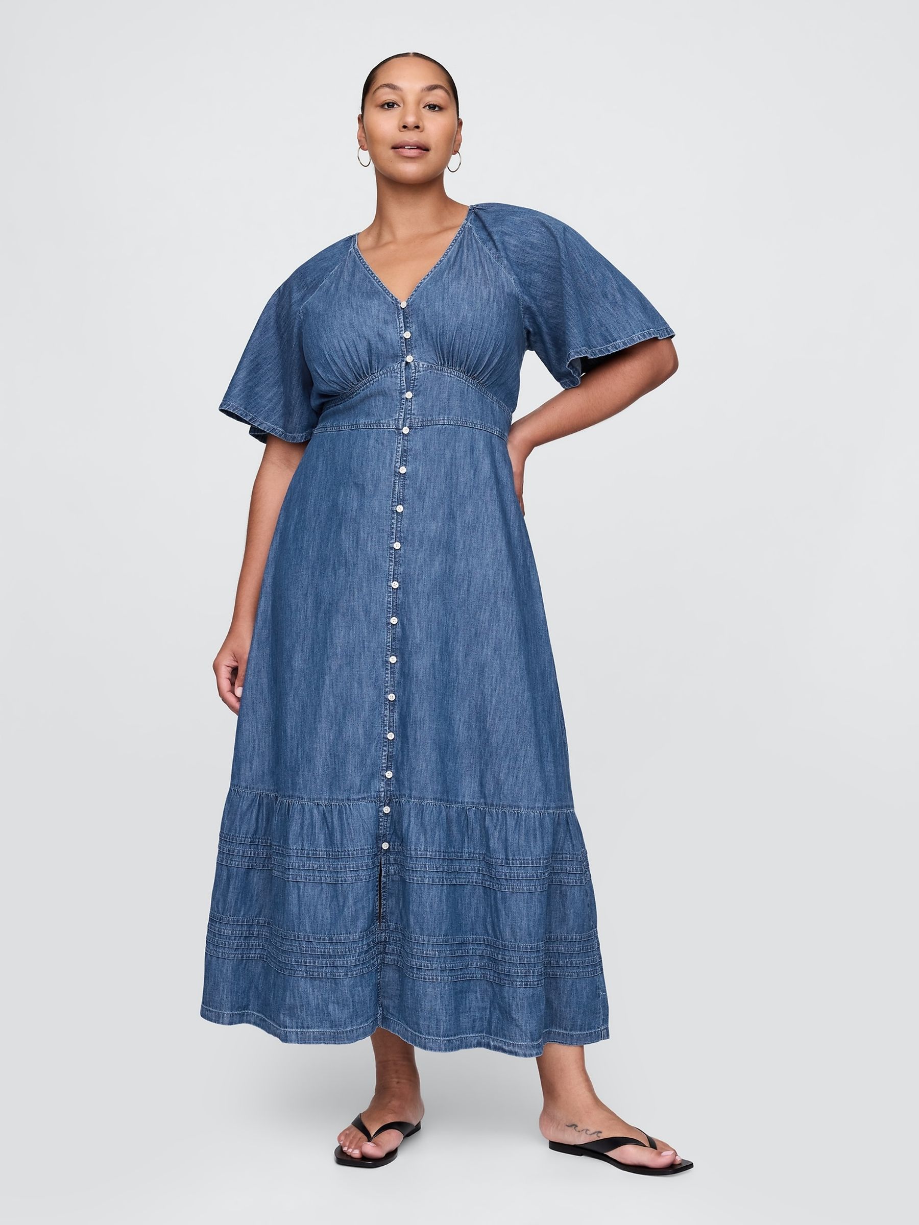Blue Cotton Flutter-Sleeve Tiered Denim Maxi Summer Dress - Image 4 of 5