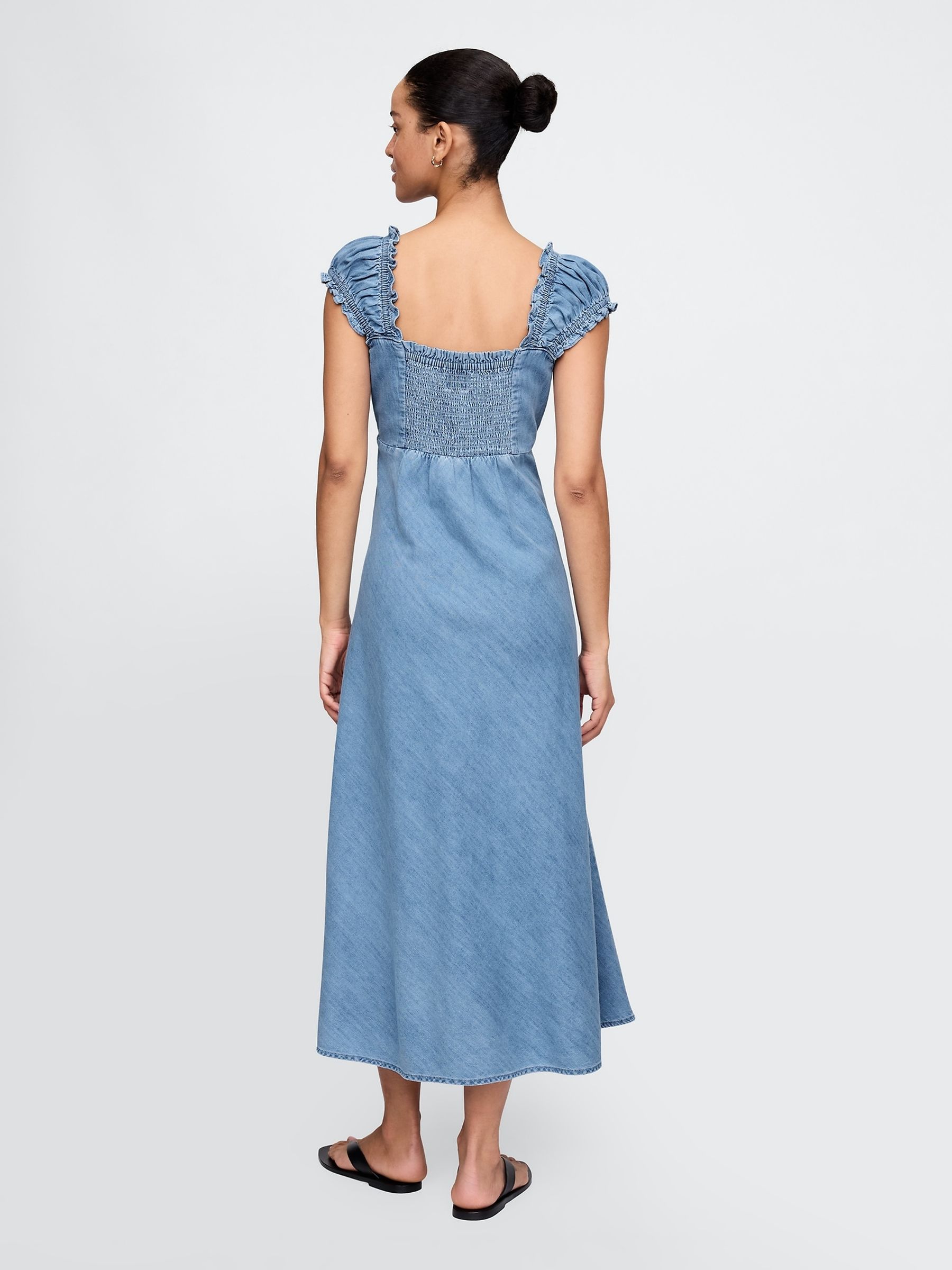 Blue Puff Sleeve Denim Midi Summer Dress - Image 2 of 8