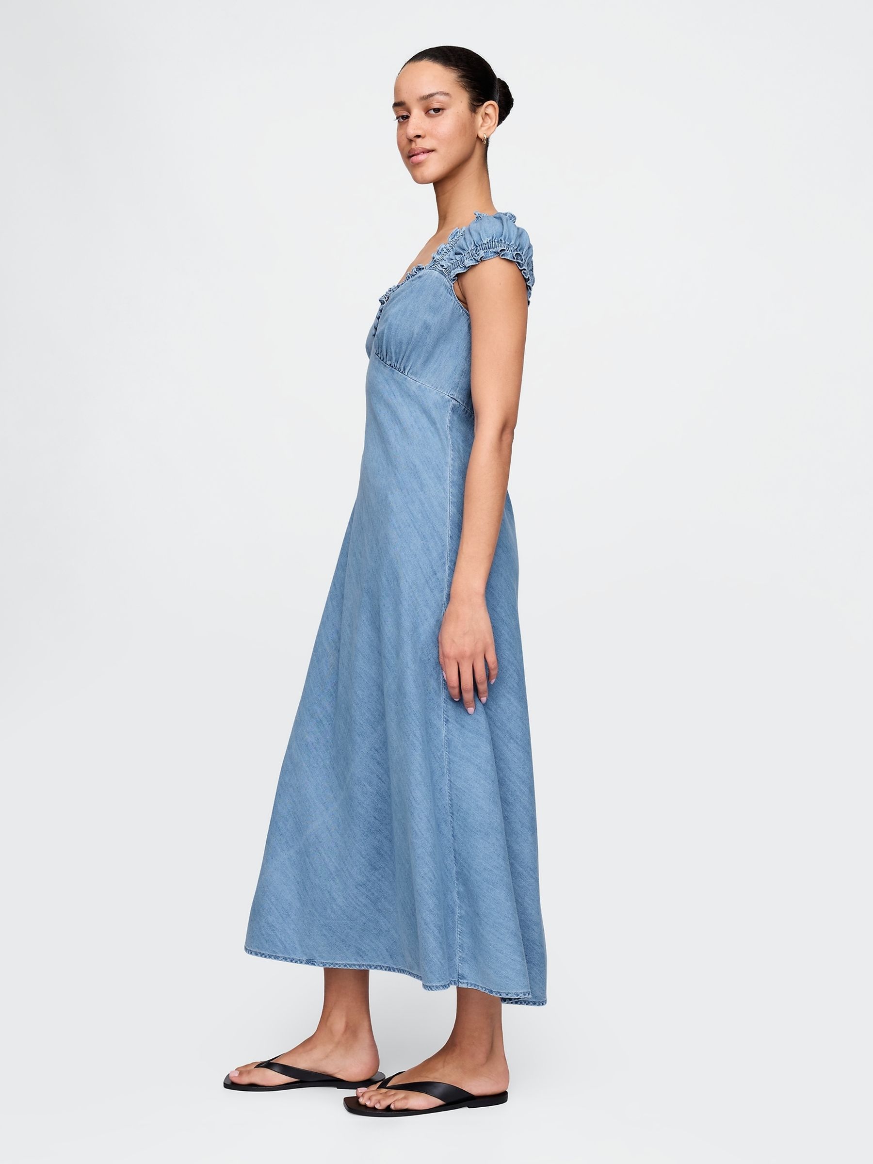 Blue Puff Sleeve Denim Midi Summer Dress - Image 3 of 8