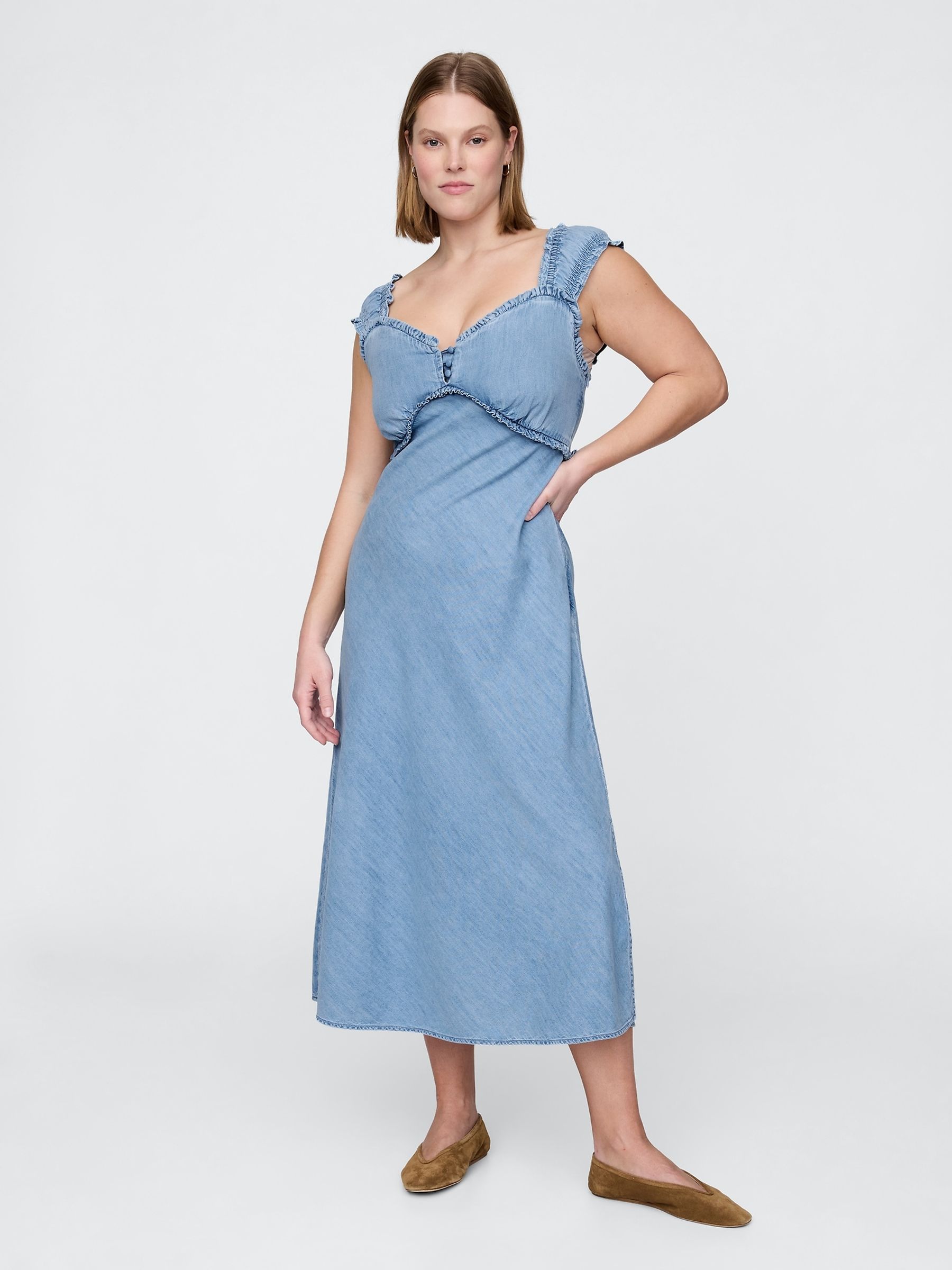Blue Puff Sleeve Denim Midi Summer Dress - Image 4 of 8