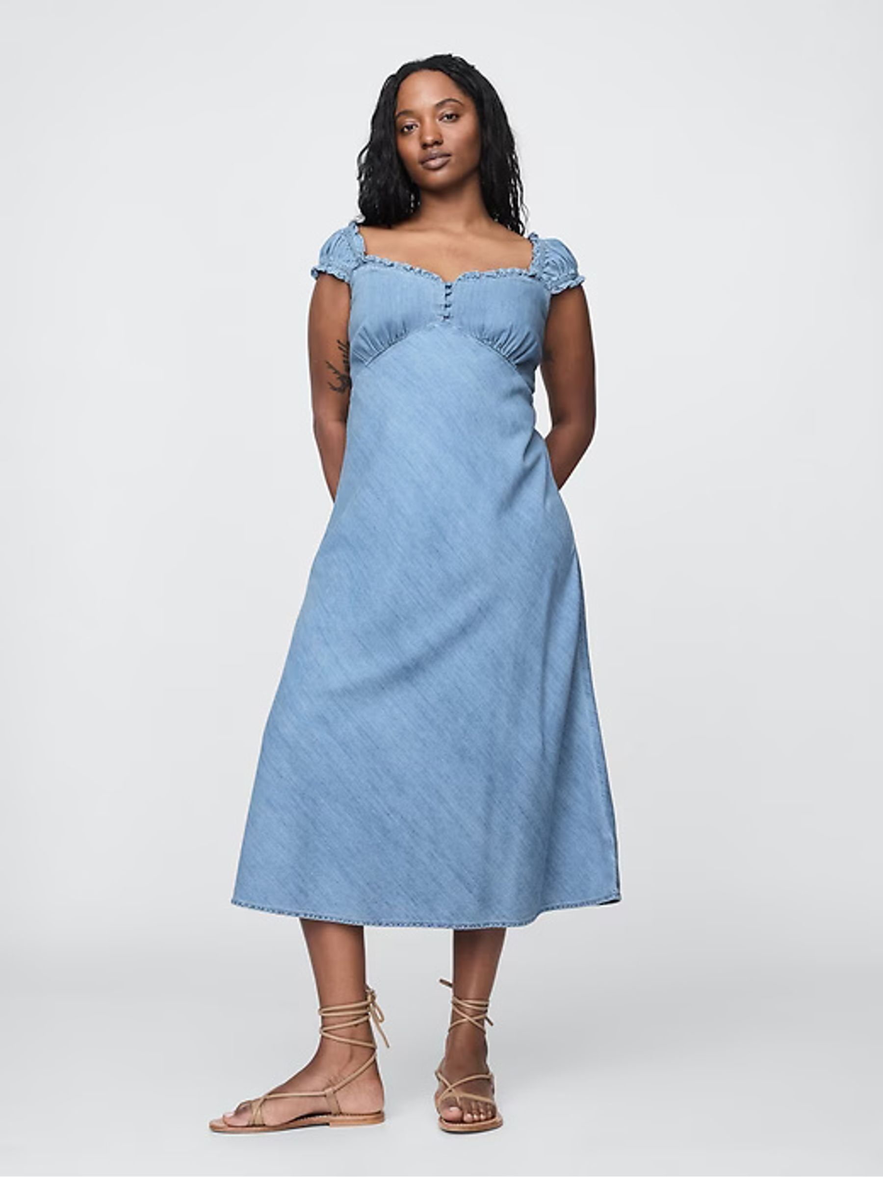 Blue Puff Sleeve Denim Midi Summer Dress - Image 6 of 8