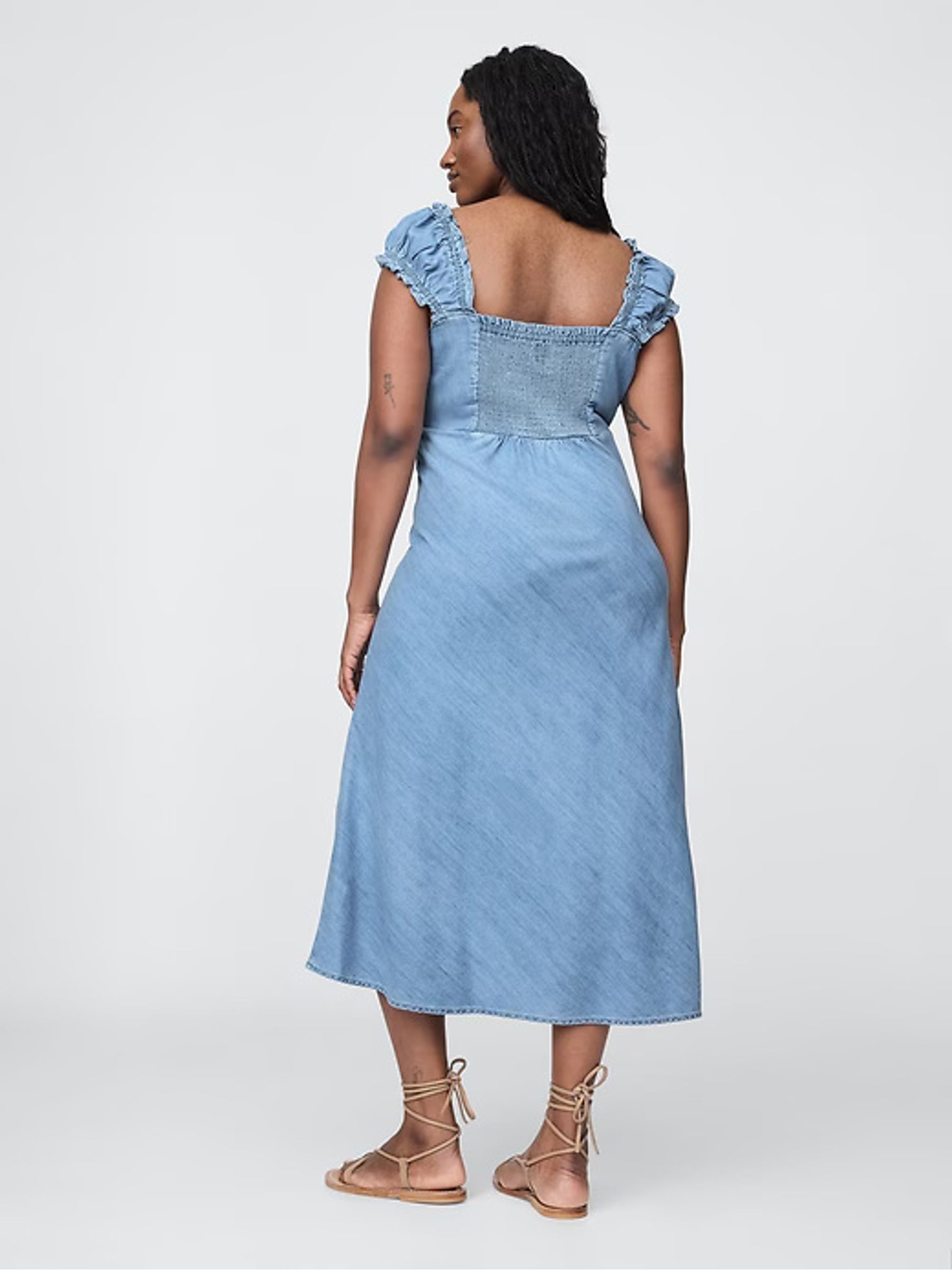 Blue Puff Sleeve Denim Midi Summer Dress - Image 7 of 8