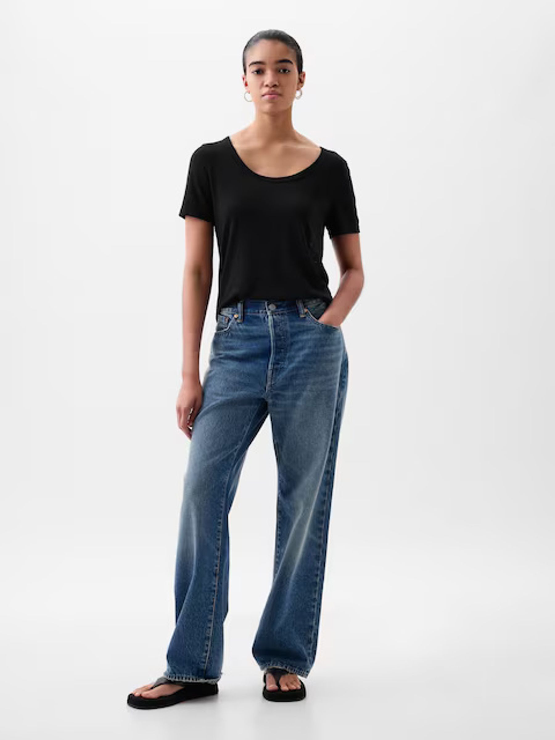 Black Linen Blend Short Sleeve Scoop Neck T-Shirt - Image 3 of 4