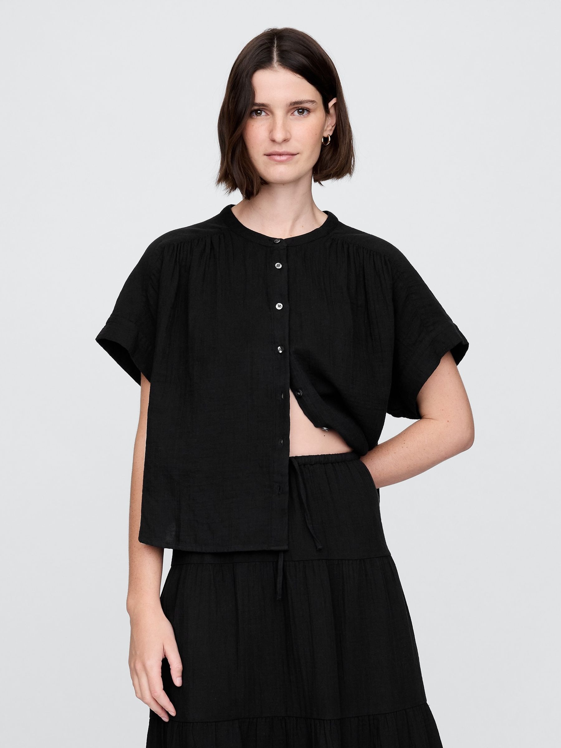 Black Crinkle Gauze Dolman Short Sleeve Shirt - Image 1 of 3