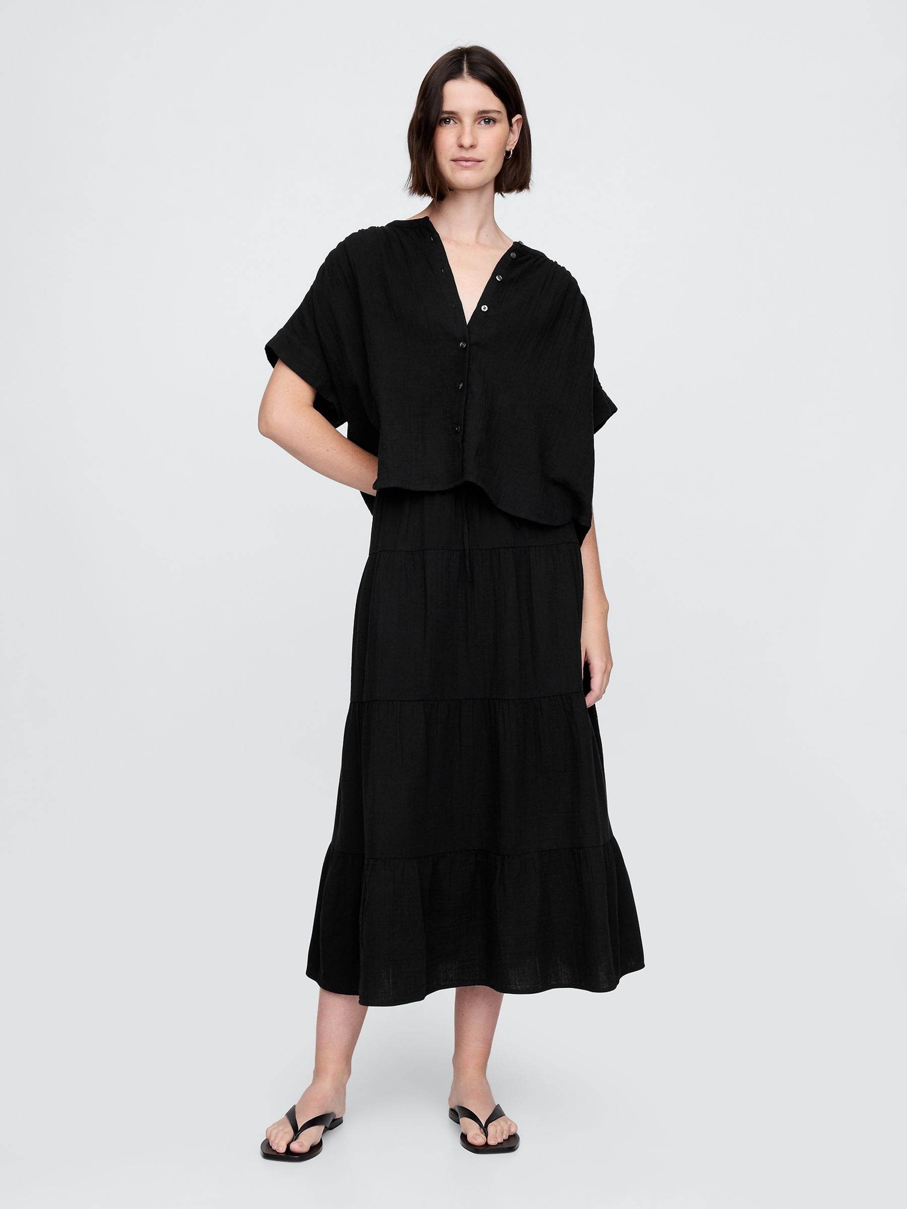 Black Crinkle Gauze Dolman Short Sleeve Shirt - Image 3 of 3