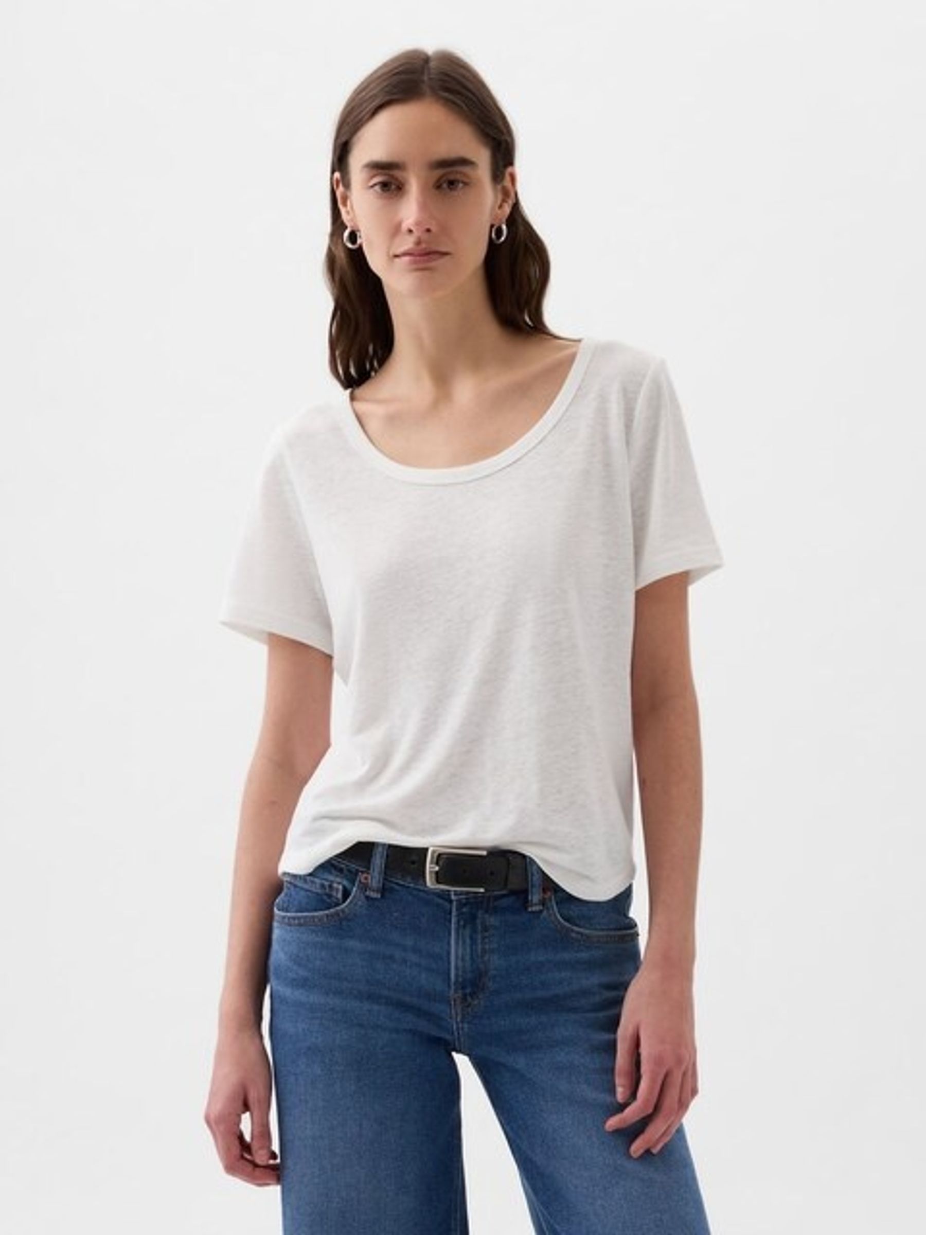 White Linen Blend Short Sleeve Scoop Neck T-Shirt - Image 1 of 7