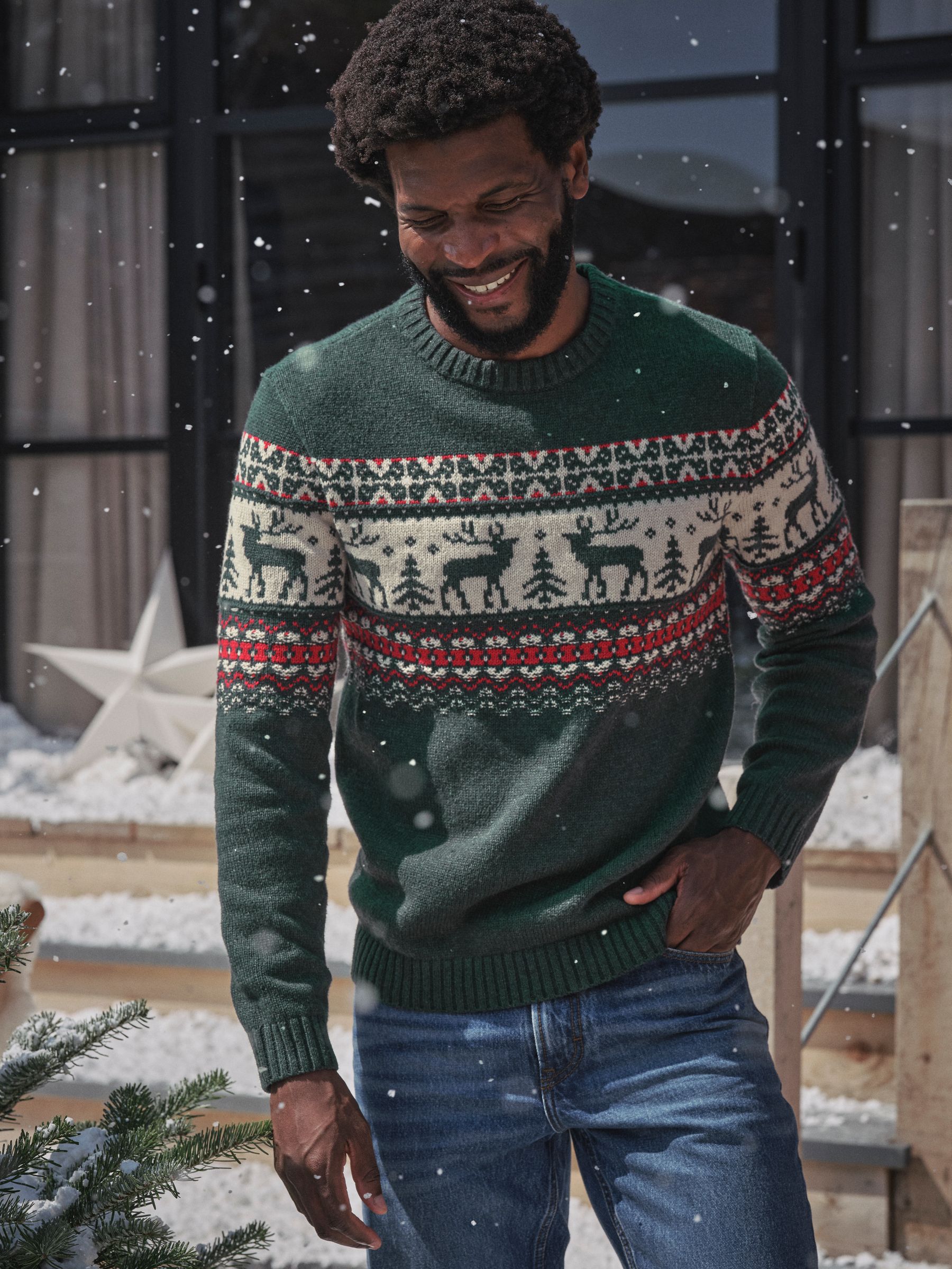Dark Green Reindeer Fairisle Knitted Crew Jumper - Image 1 of 6
