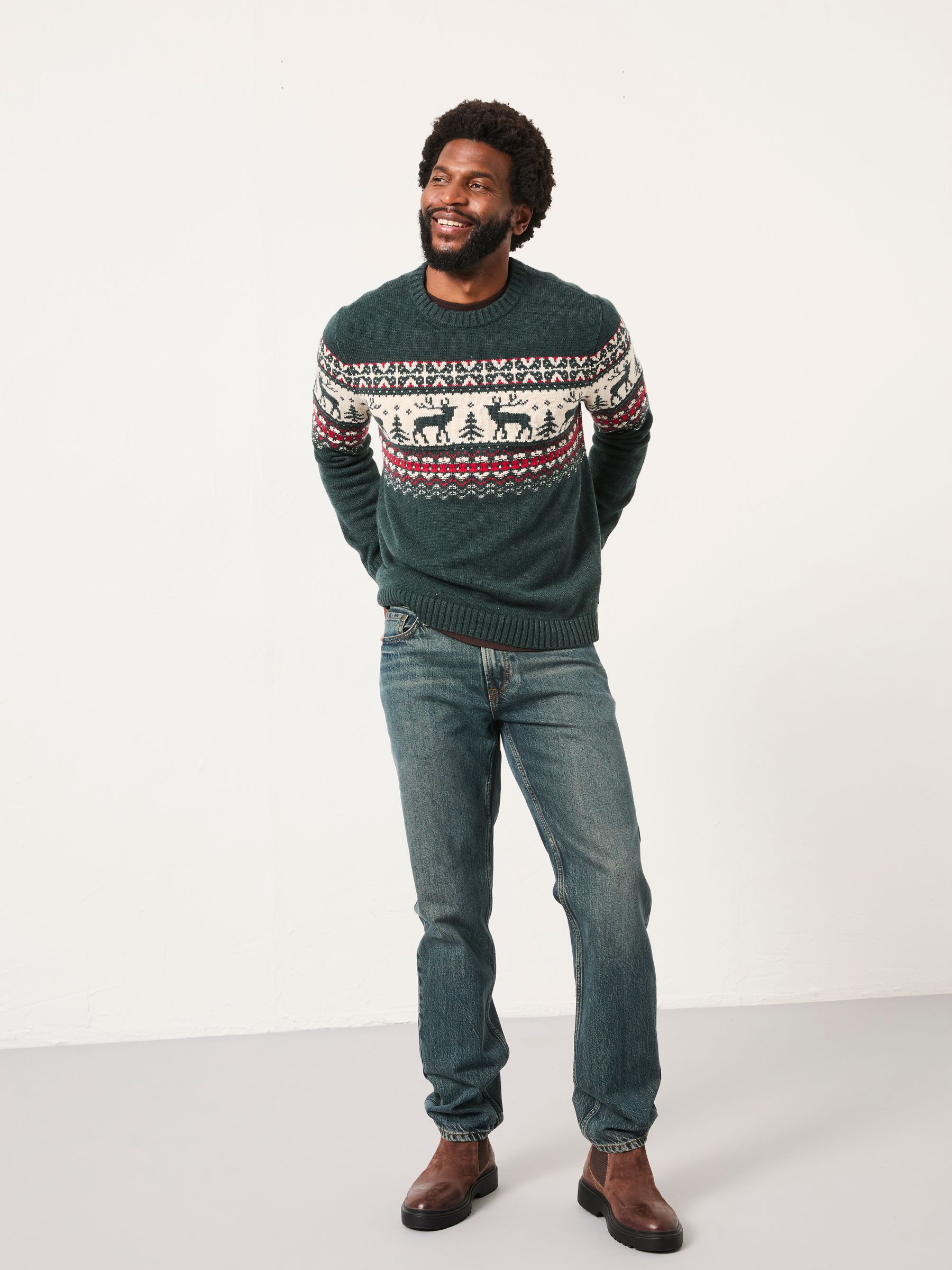 Dark Green Reindeer Fairisle Knitted Crew Jumper - Image 2 of 6