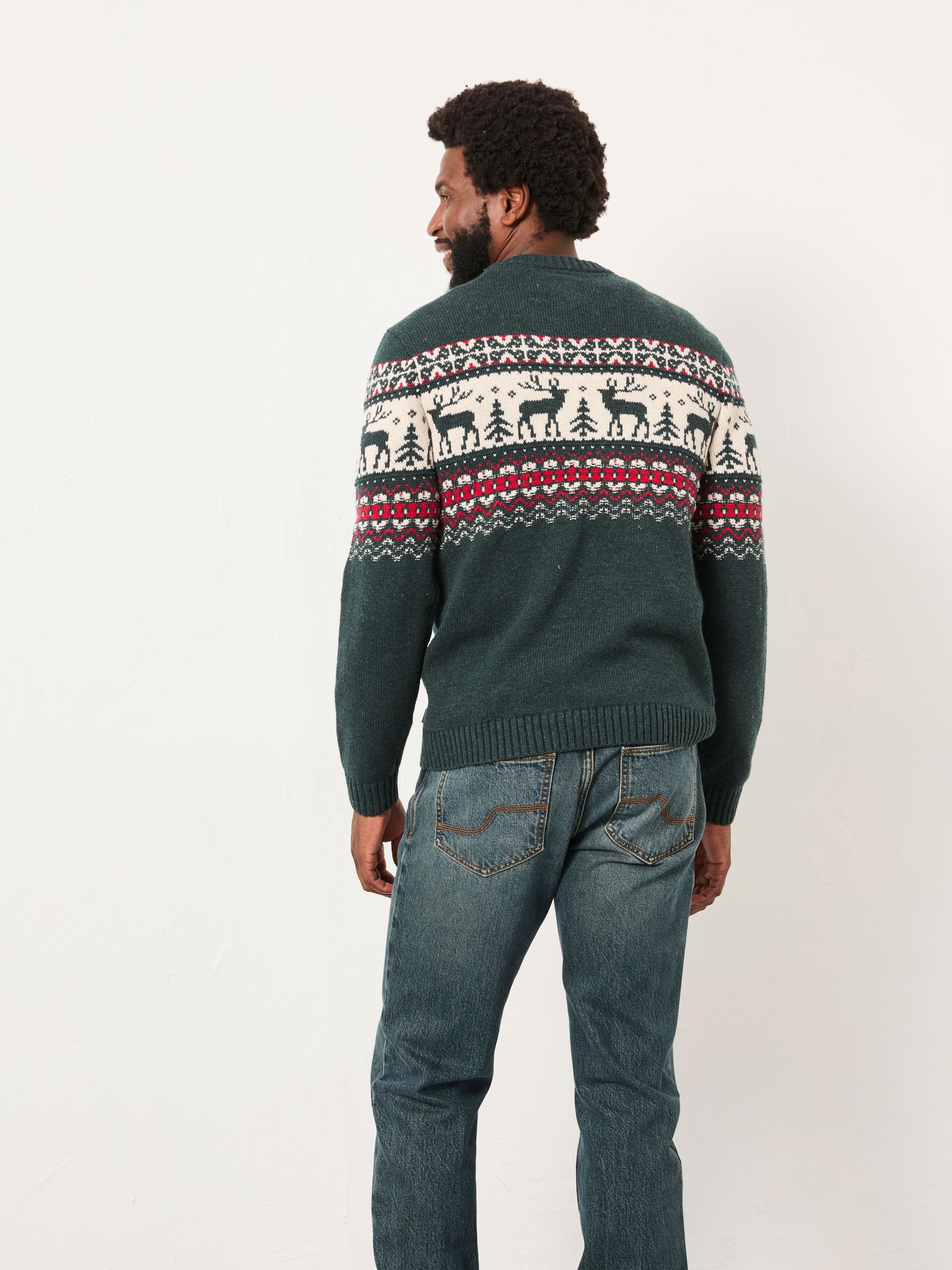 Dark Green Reindeer Fairisle Knitted Crew Jumper - Image 3 of 6