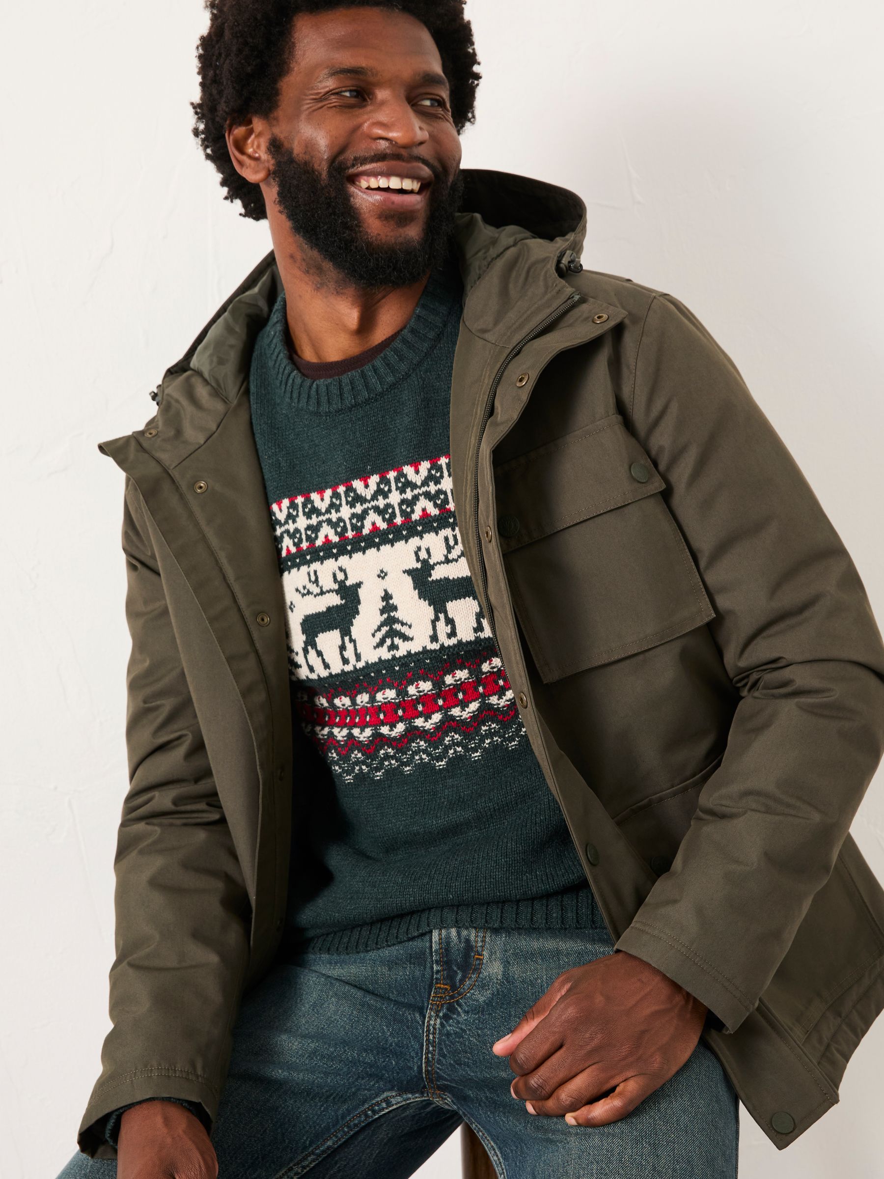 Dark Green Reindeer Fairisle Knitted Crew Jumper - Image 4 of 6