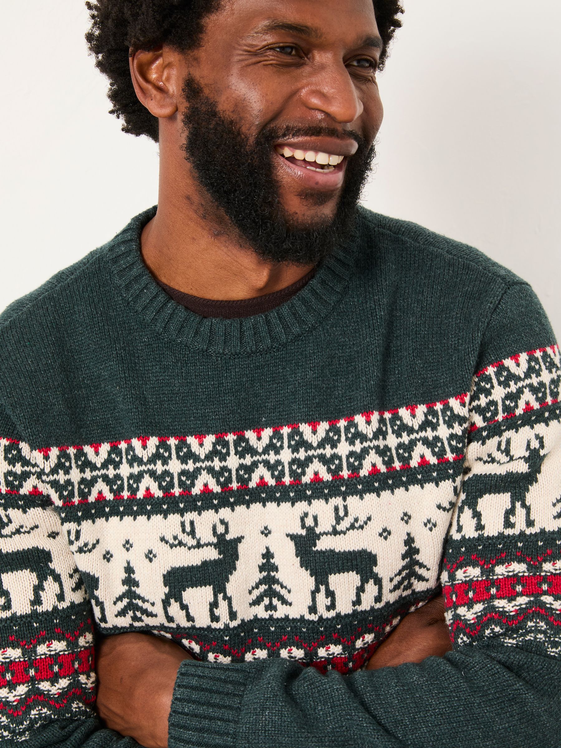 Dark Green Reindeer Fairisle Knitted Crew Jumper - Image 5 of 6