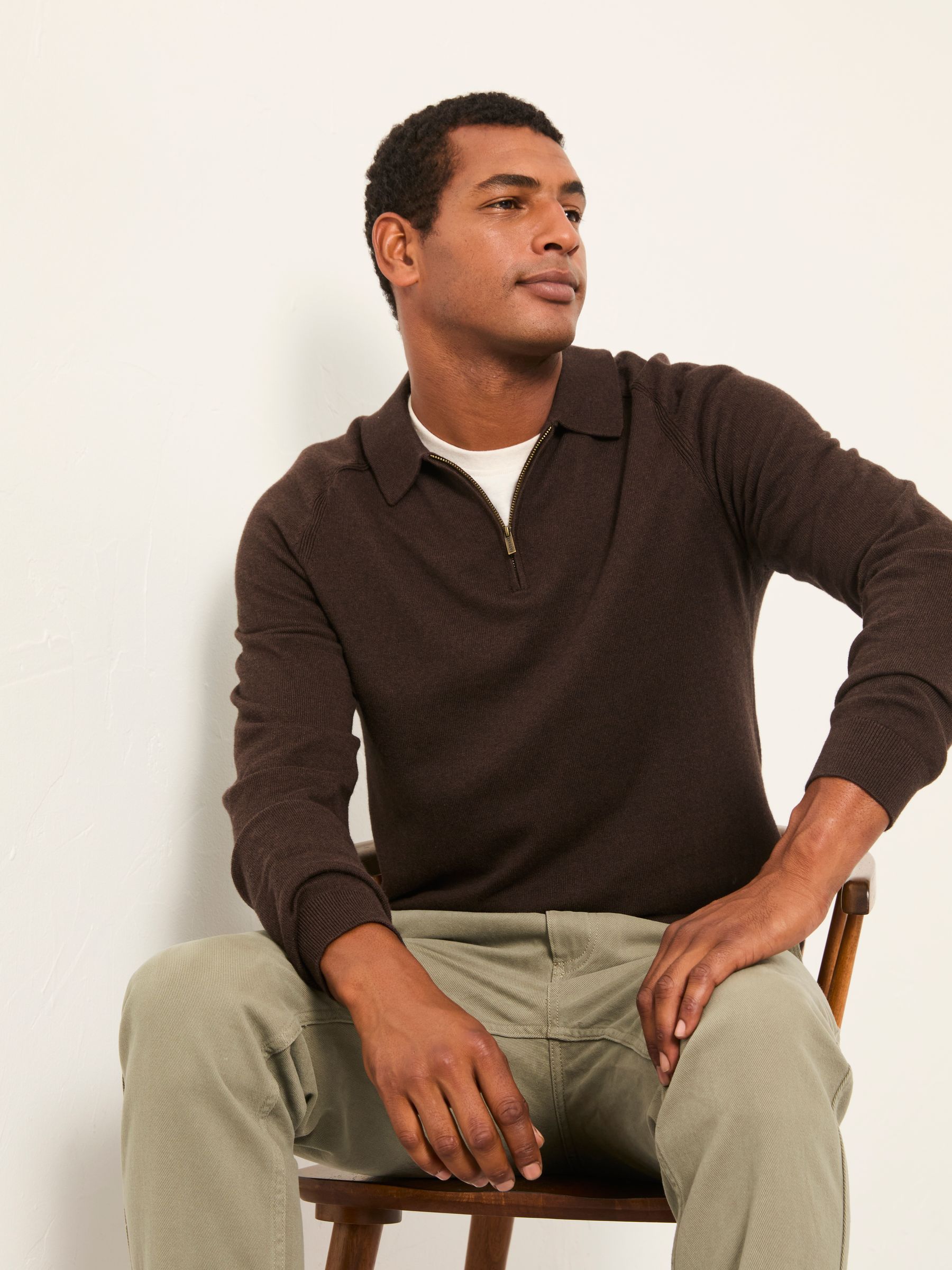 Rye Chocolate Brown Zip Collar Knitted Polo Jumper | FatFace USA