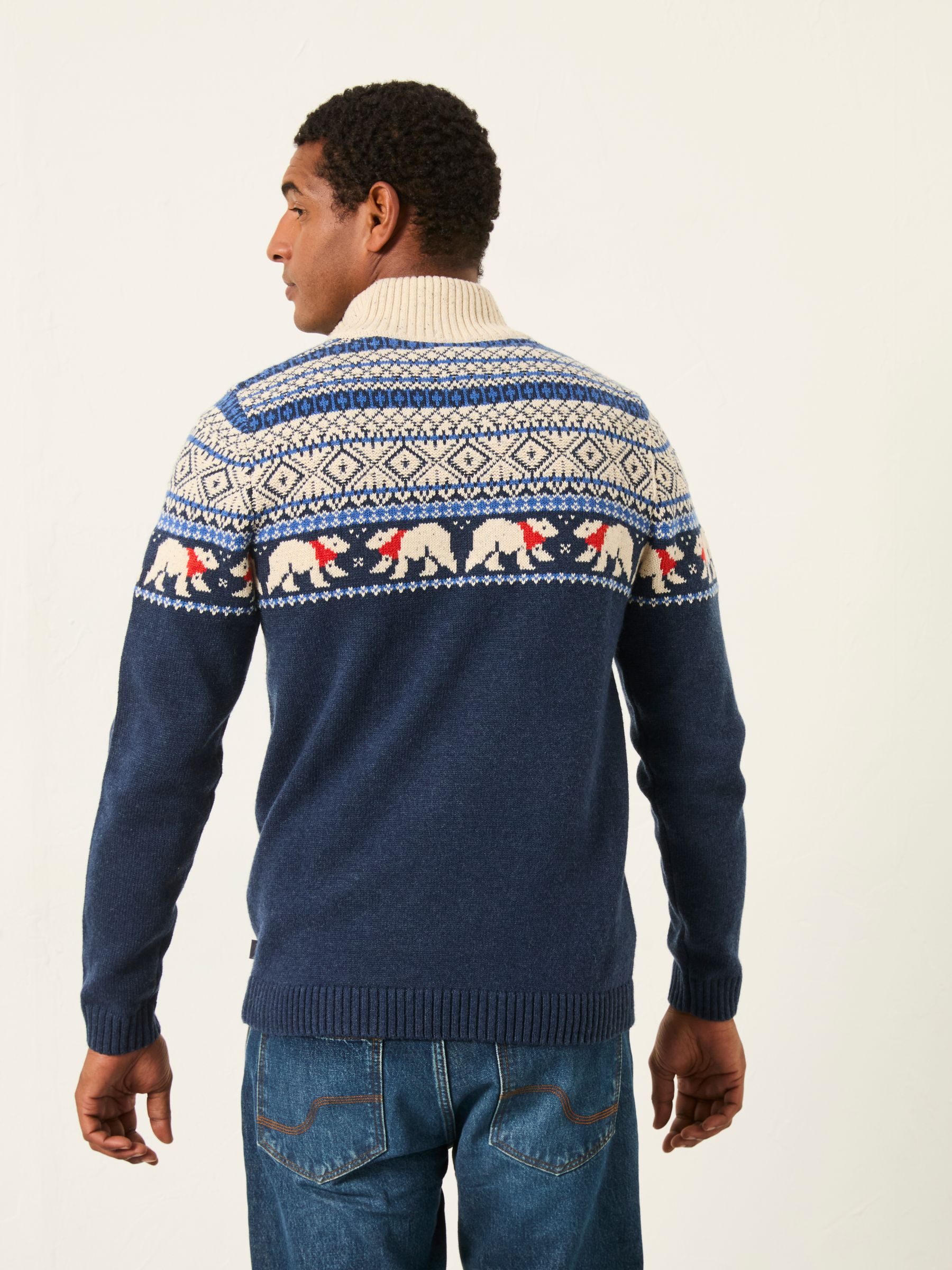 Navy Polar Bear Knitted Fairisle Half Zip Neck Jumper | FatFace