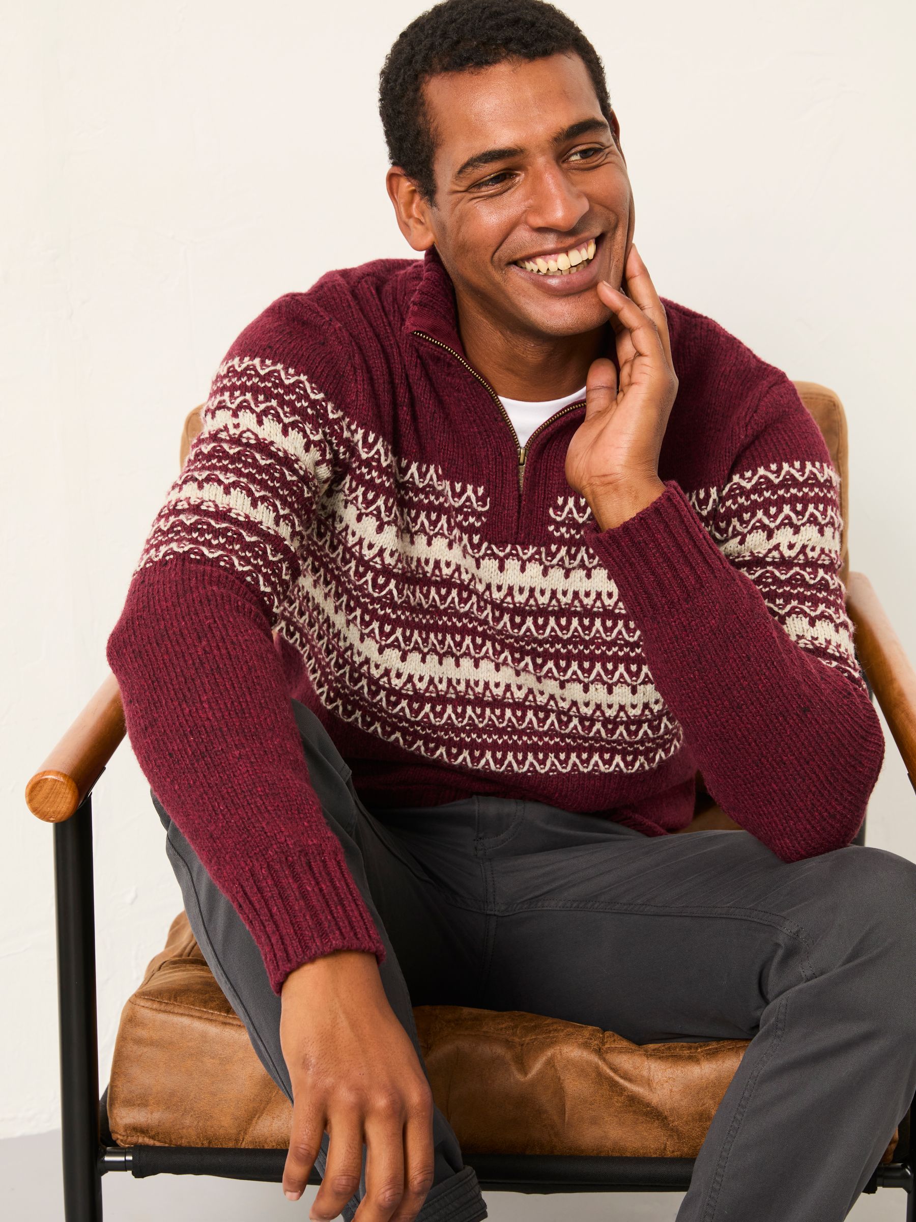 Claret Fairisle Knitted Half Neck Jumper - Image 2 of 7 Claret Fairisle Knitted Half Neck Jumper - Image 2 of 7