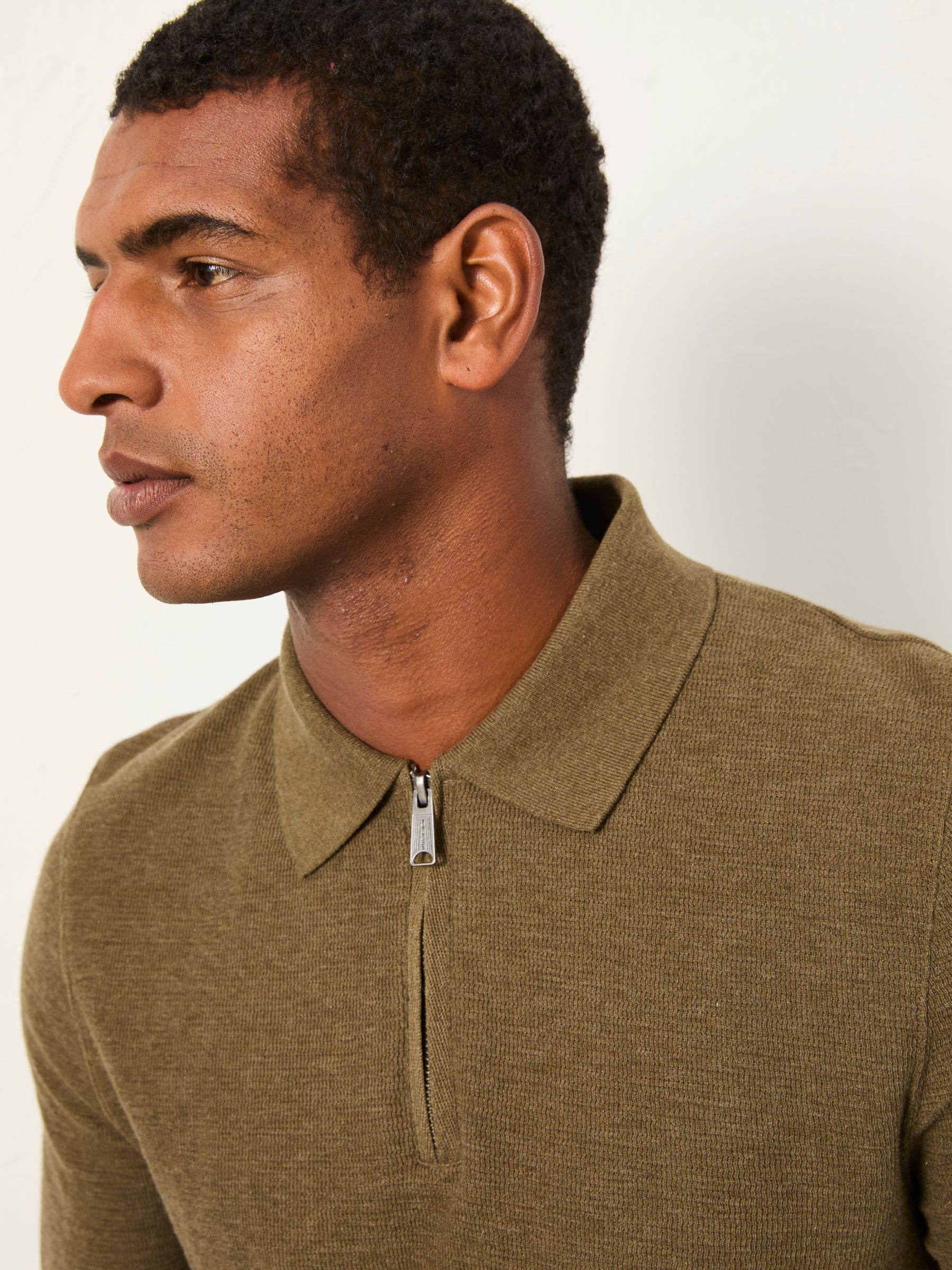 Shawford Khaki Green Zip Neck Polo | FatFace USA