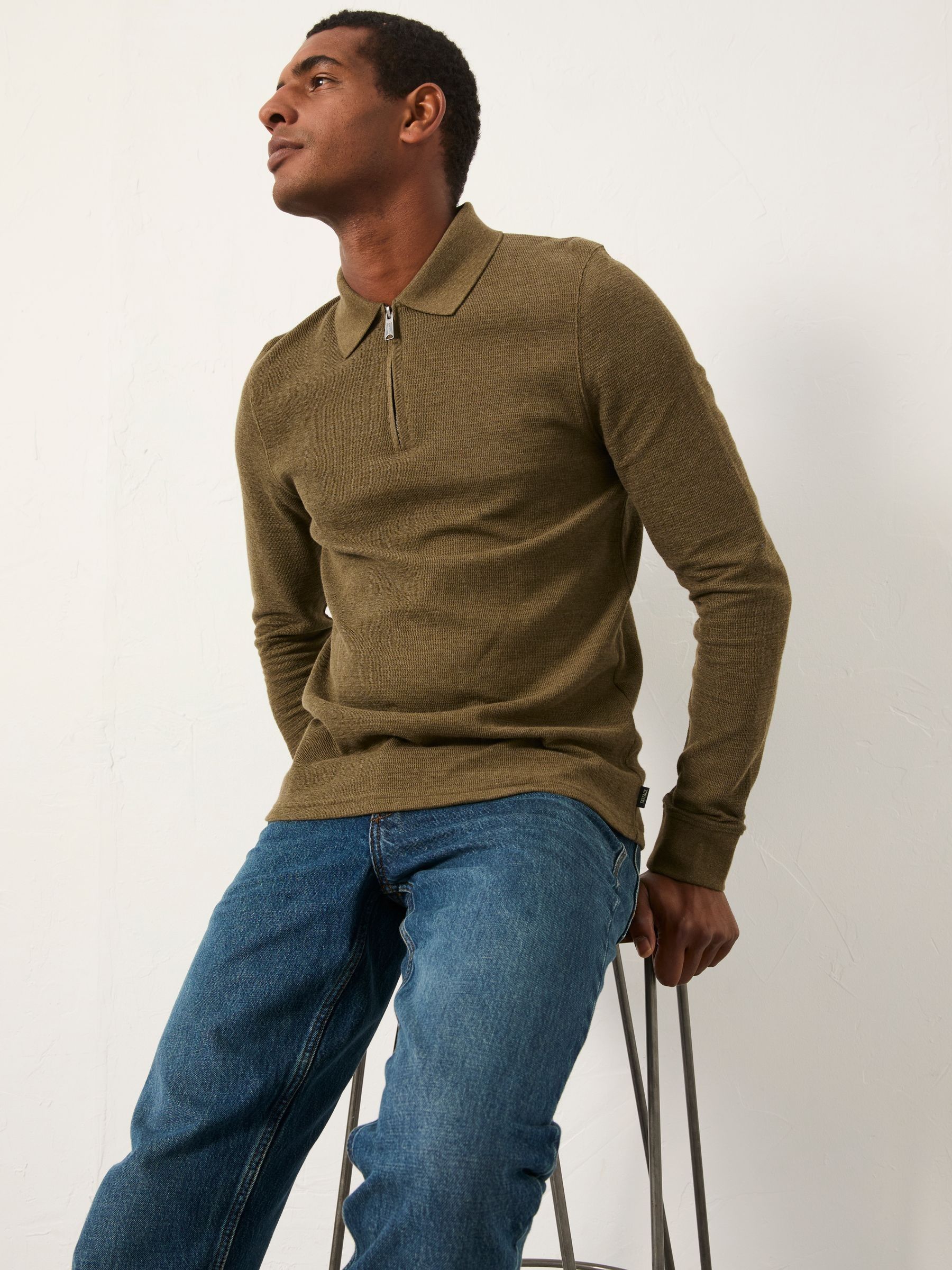 Shawford Khaki Green Zip Neck Polo - Image 5 of 6