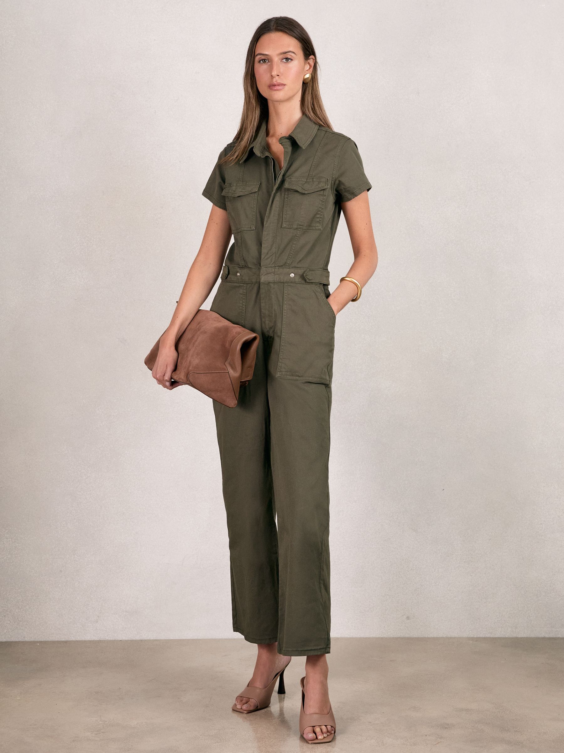 Good American Cotton Twill Jumpsuit with Stretch in Khaki - Image 1 of 5