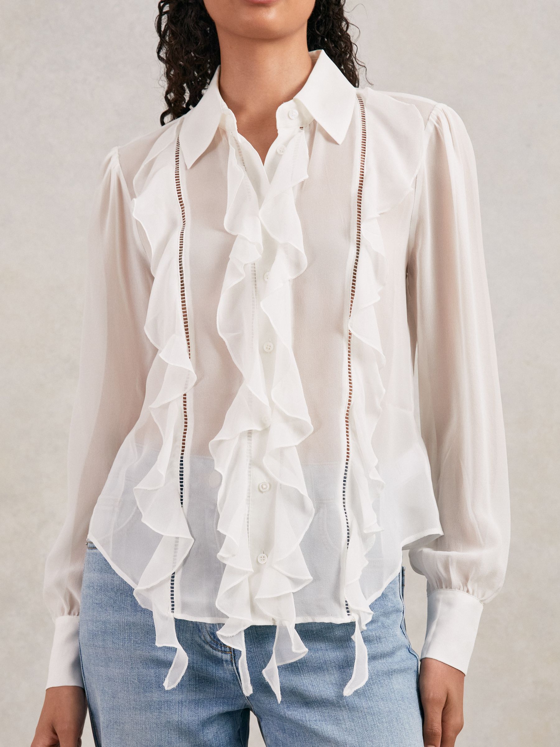 Paige Silk Georgette Ruffle Trim Shirt in White - Image 4 of 6