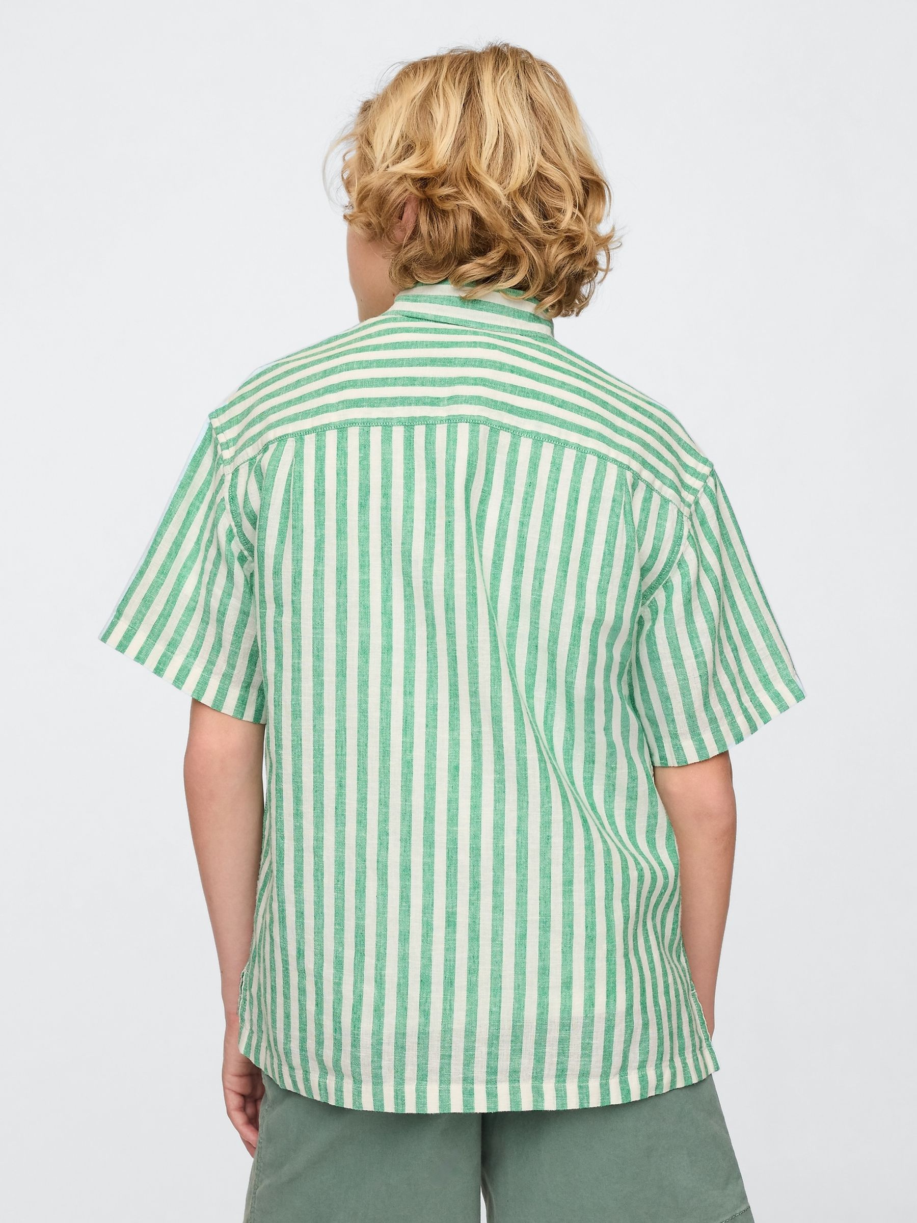 Green & White Stripe Linen-Cotton Relaxed Shirt (4-13yrs) - Image 2 of 5