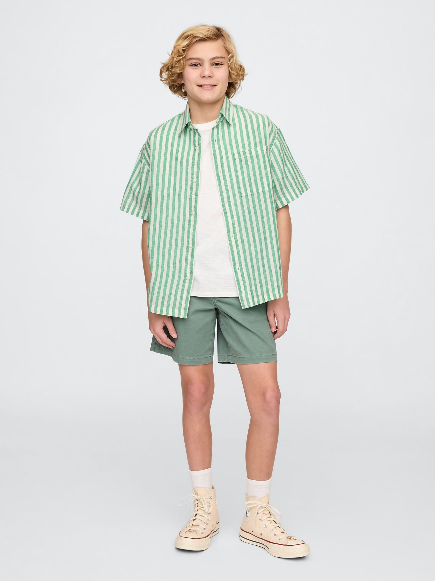 Green & White Stripe Linen-Cotton Relaxed Shirt (4-13yrs) - Image 3 of 5