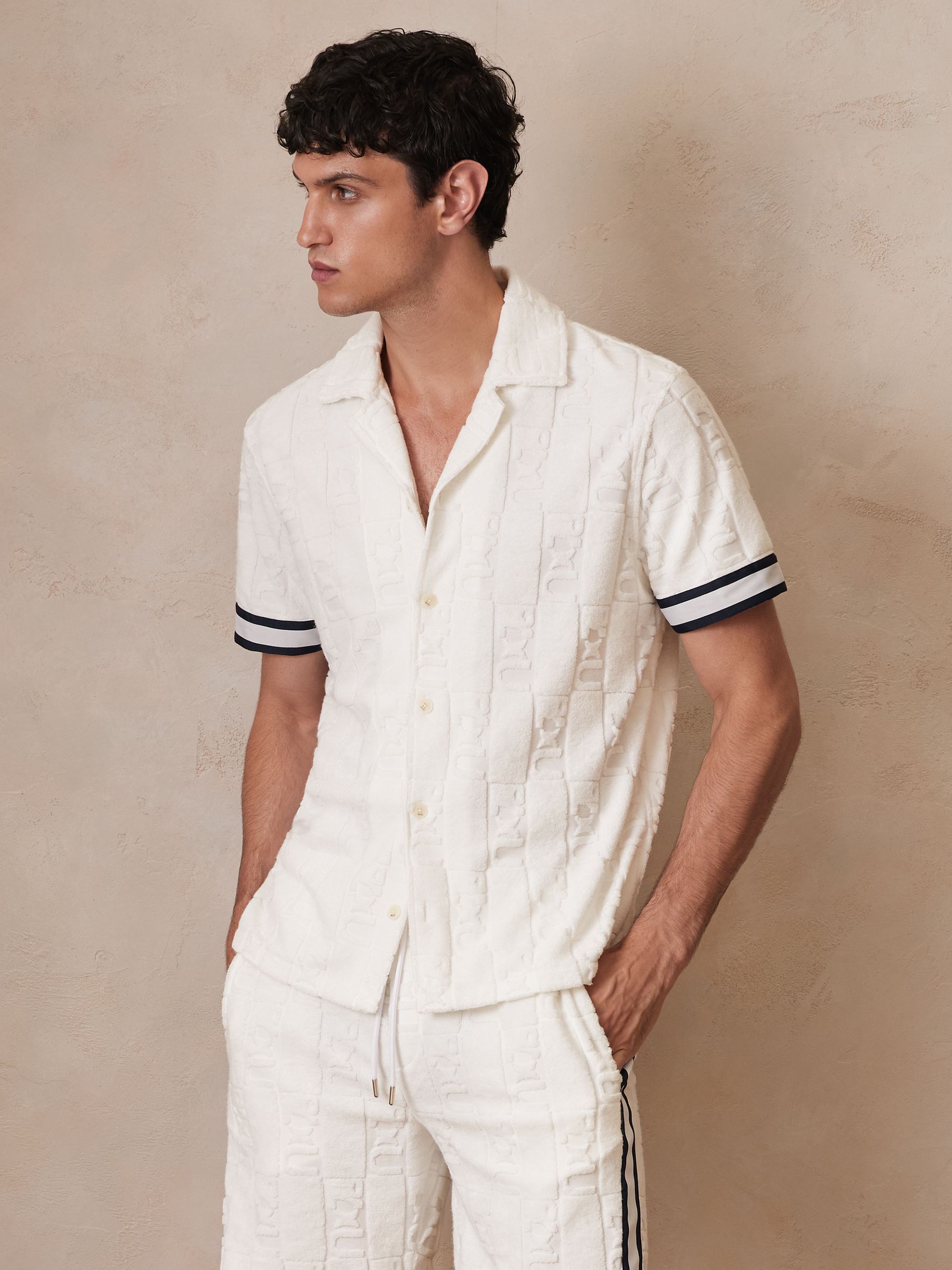 Reiss | Ché Towelling Monogram Shirt in White - Image 1 of 6