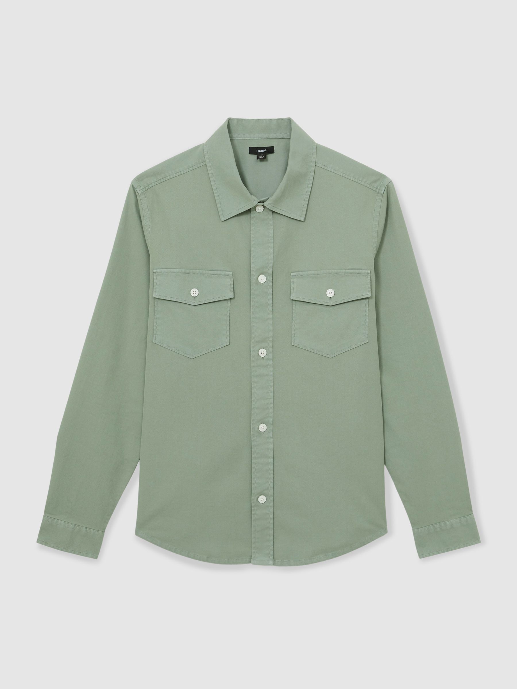 Cotton Twill Twin Pocket Overshirt With Stretch in Sage Green - Image 2 of 6