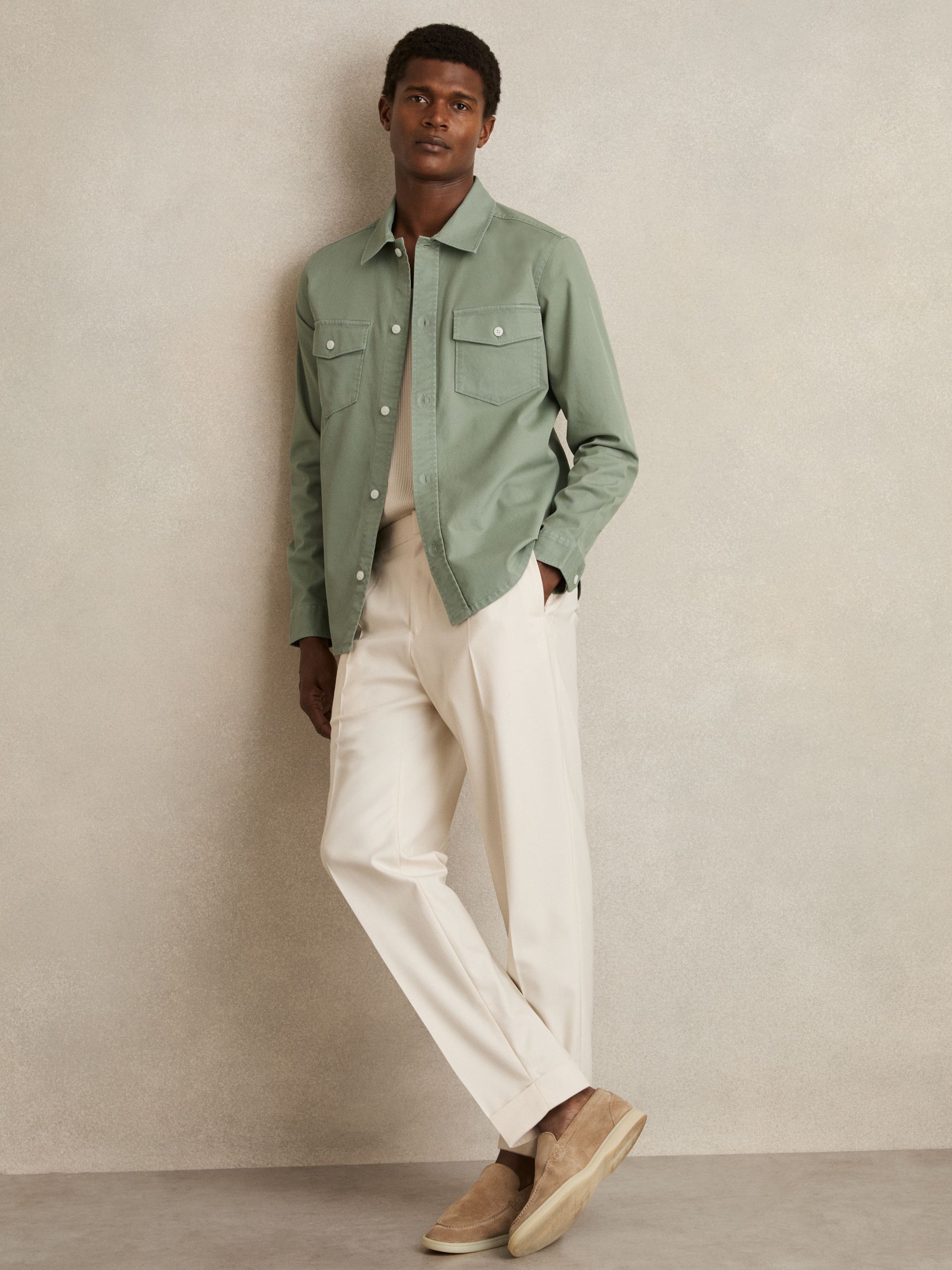 Cotton Twill Twin Pocket Overshirt With Stretch in Sage Green - Image 3 of 6